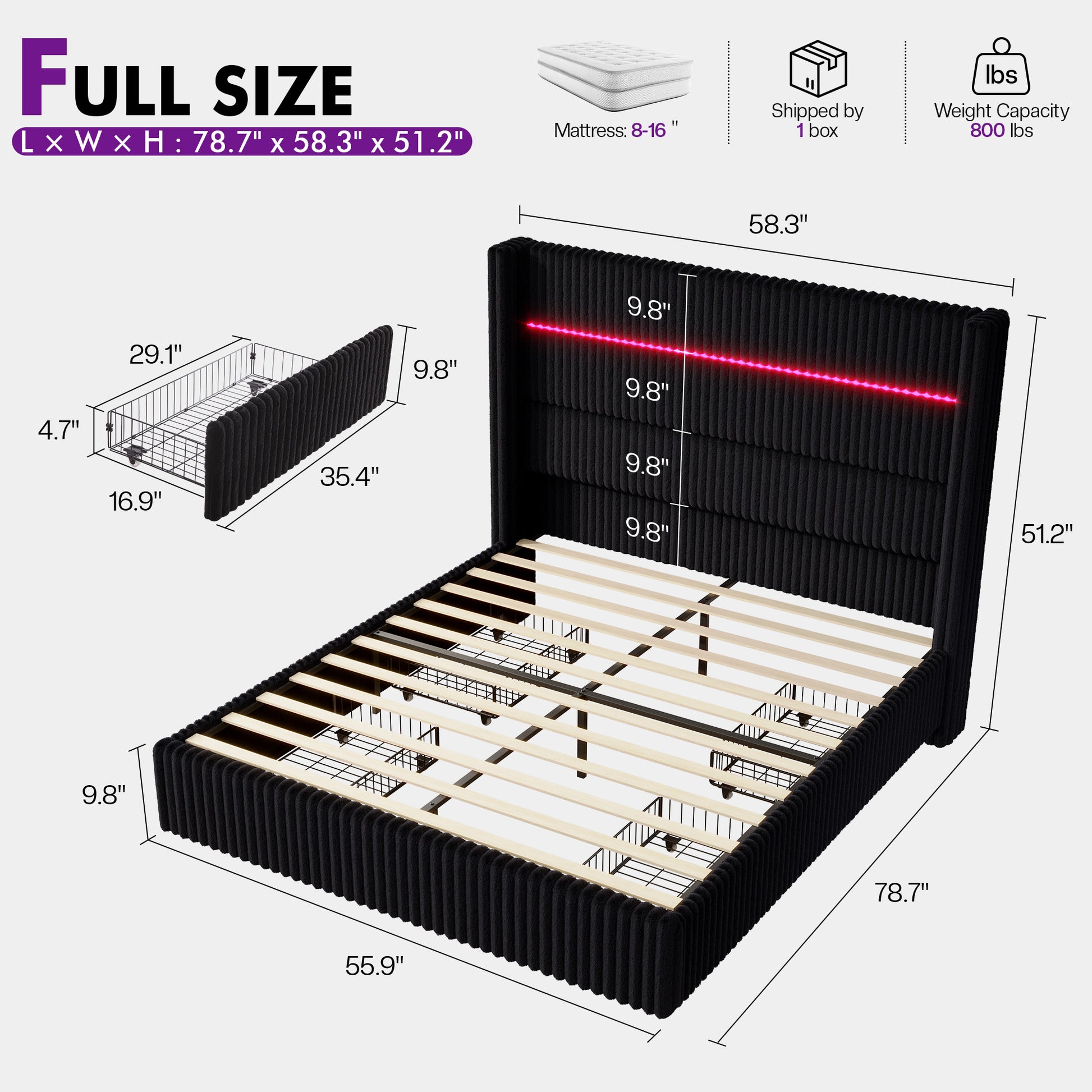 Muff LED Storage Bed Frame Amerlife-BUB141 F Black