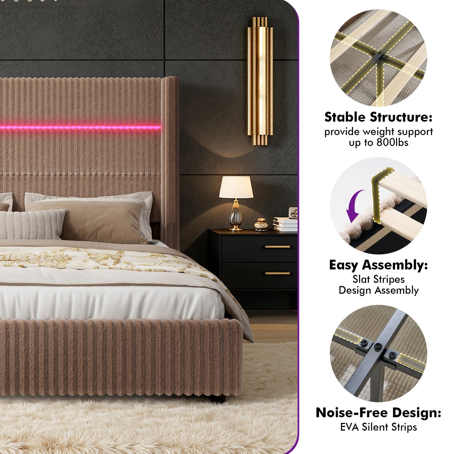 Muff LED Storage Bed Frame Amerlife-BUB141 F Khaki