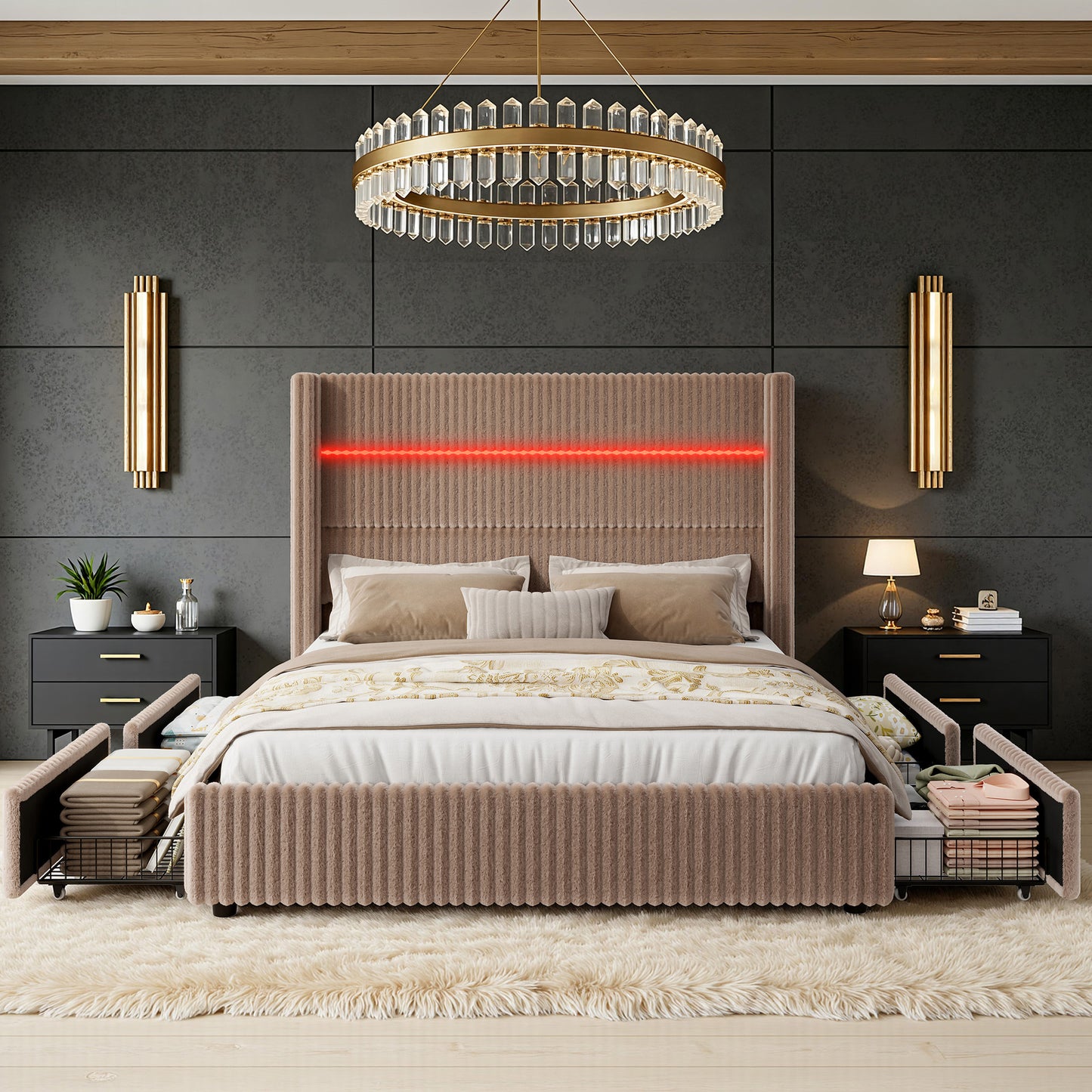 Muff LED Storage Bed Frame Amerlife-BUB141 F Khaki