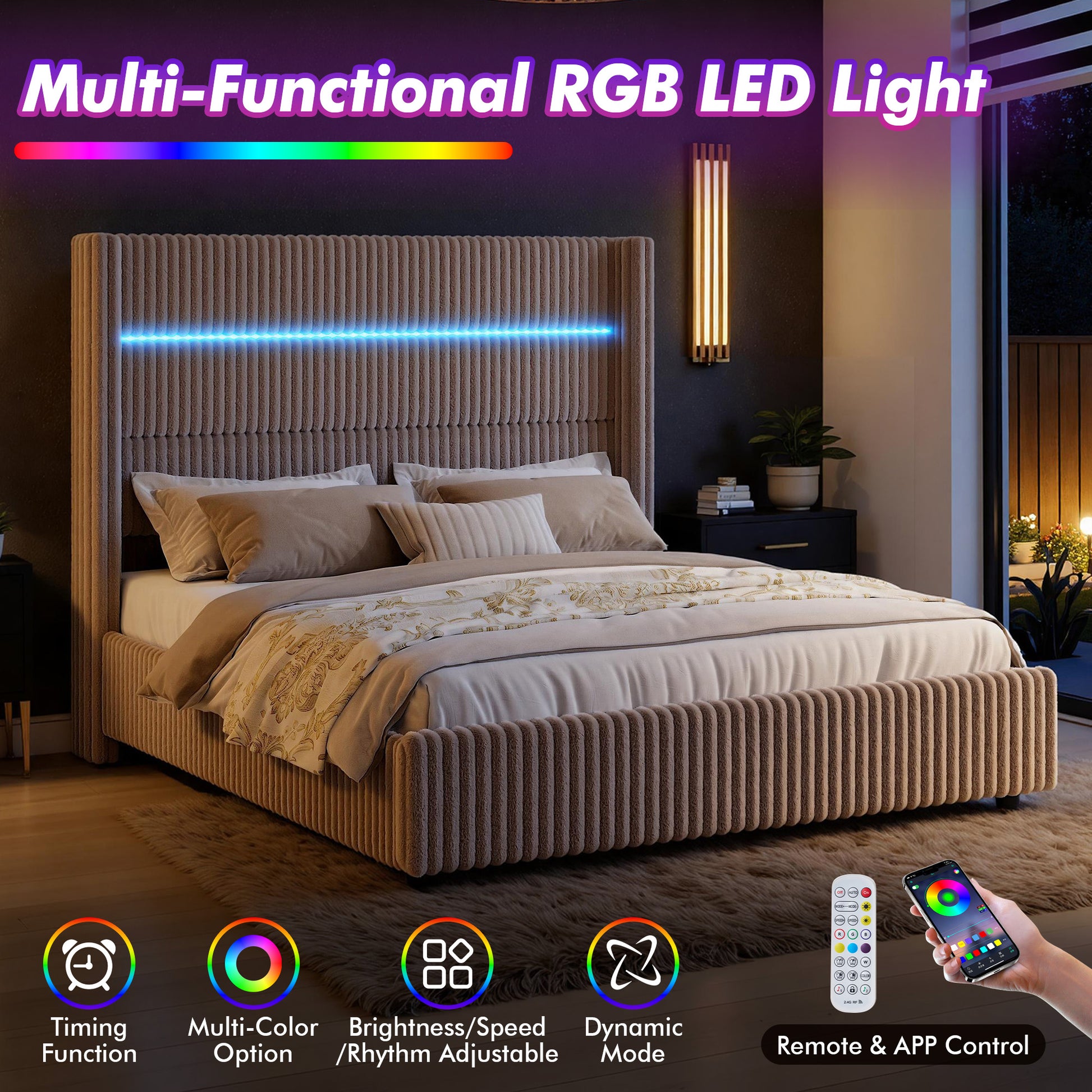 Muff LED Storage Bed Frame Amerlife-BUB141 F Khaki