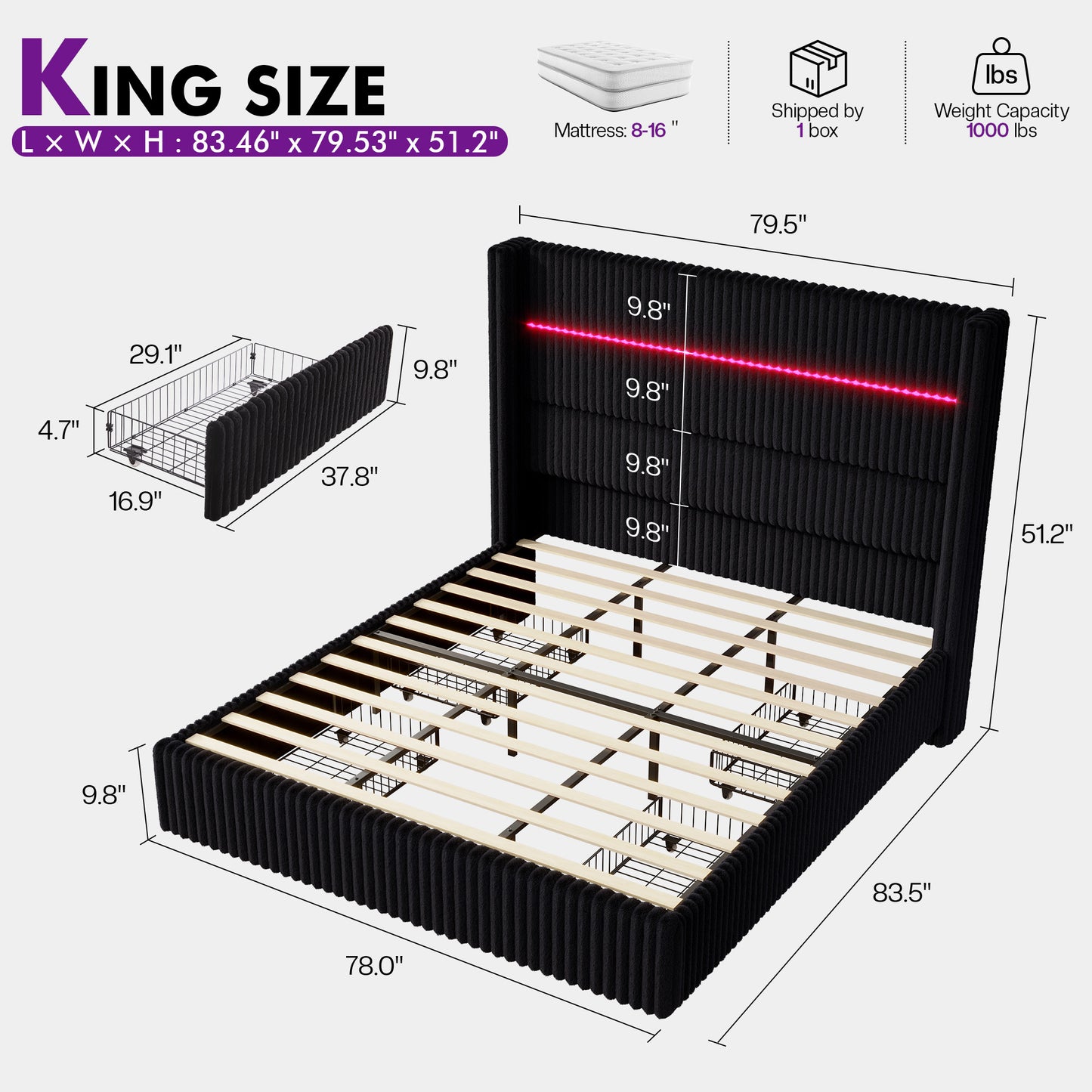 Muff LED Storage Bed Frame Amerlife-BUB141 K Black