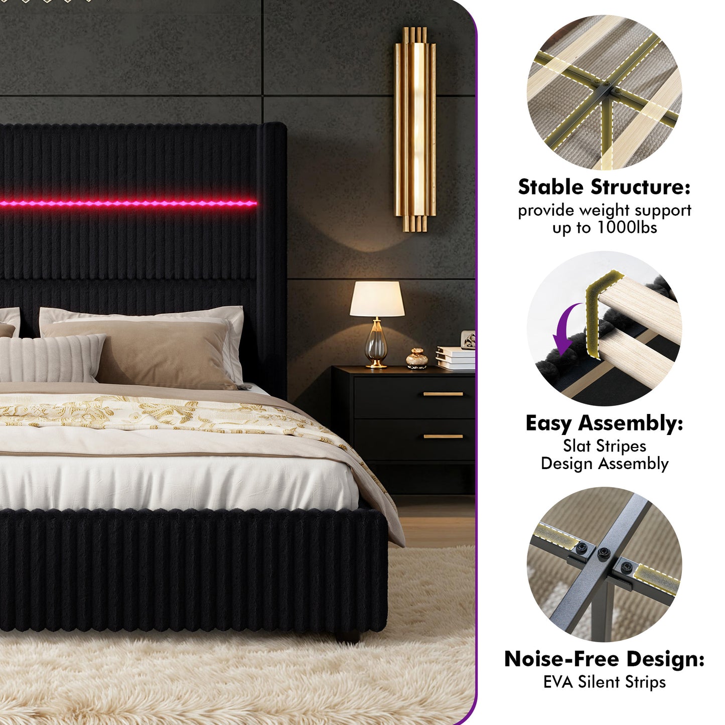 Muff LED Storage Bed Frame Amerlife-BUB141 Q Black