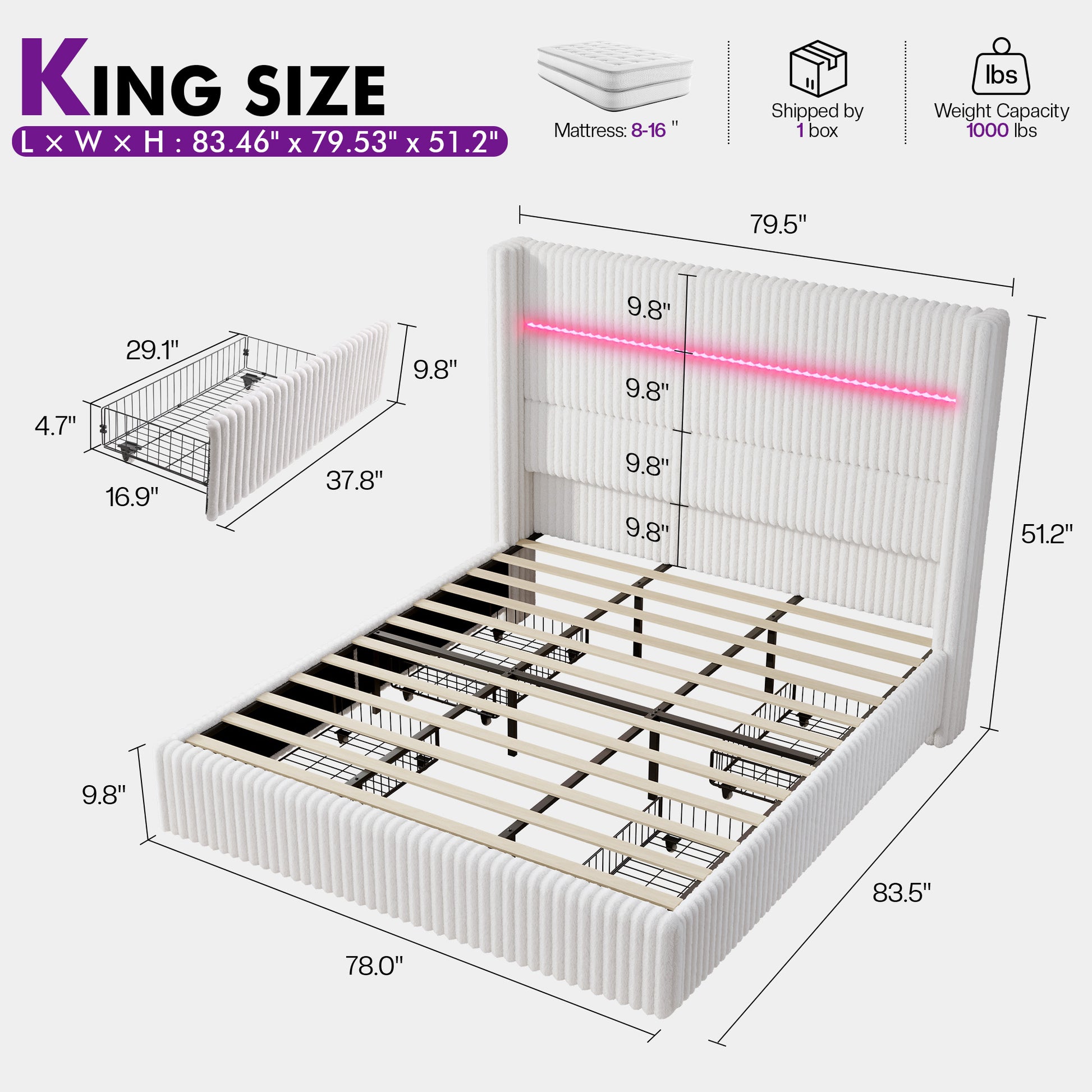 Muff LED Storage Bed Frame Amerlife-BUB141 K White