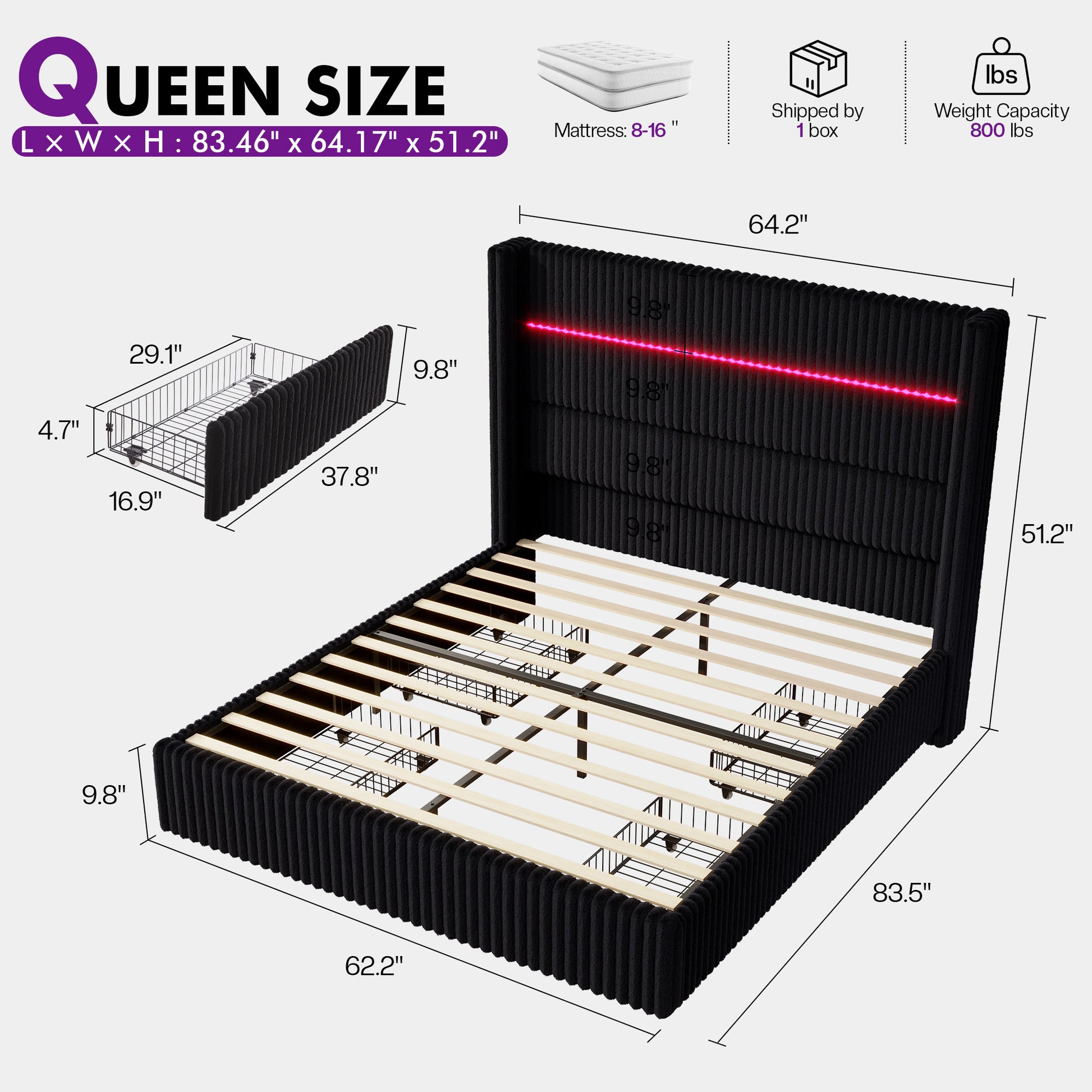 Muff LED Storage Bed Frame Amerlife-BUB141 Q Black