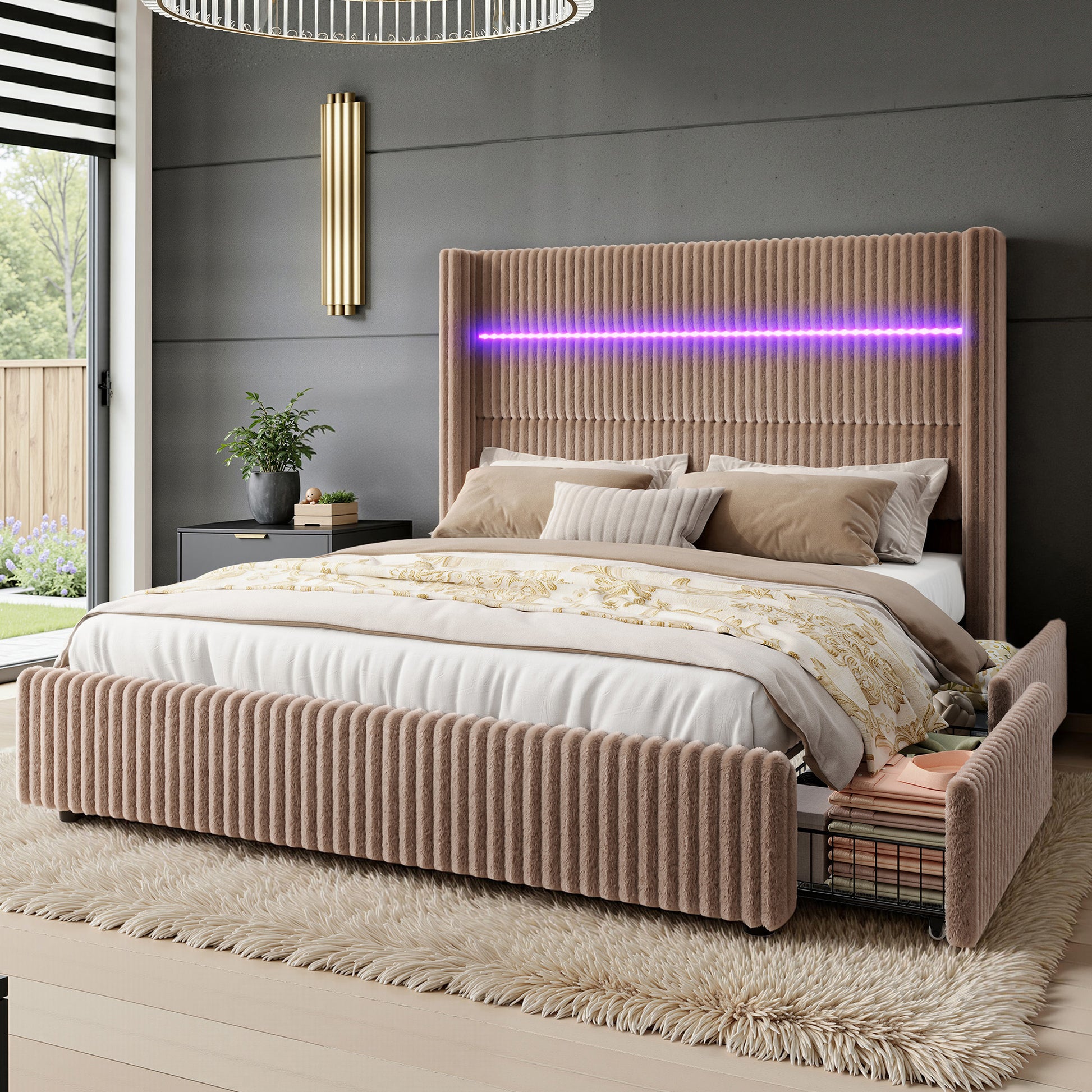 Muff LED Storage Bed Frame Amerlife-BUB141 K Khaki