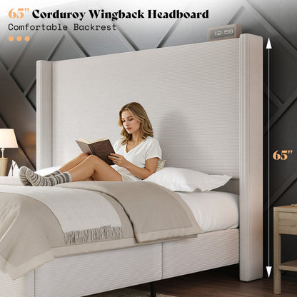 Cordelle Corduroy Wingback Bed Frame-K-Cream