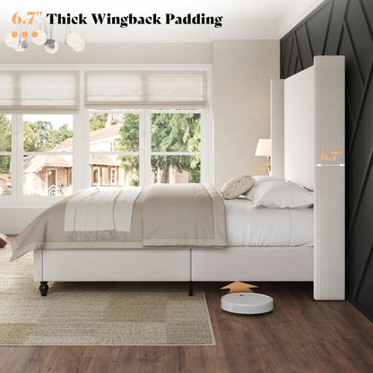 Cordelle Corduroy Wingback Bed Frame-K-Cream