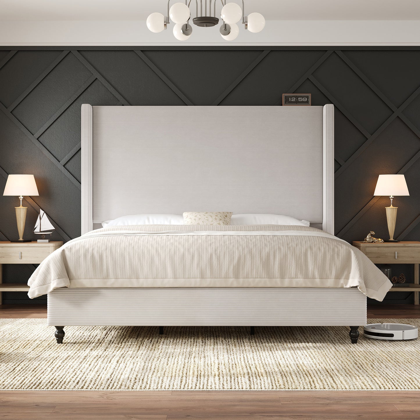 Cordelle Corduroy Wingback Bed Frame-K-Cream