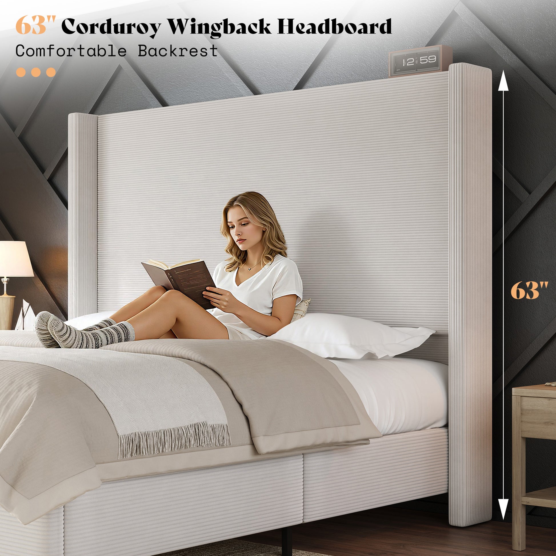 Cordelle Corduroy Wingback Bed Frame-Q-Cream