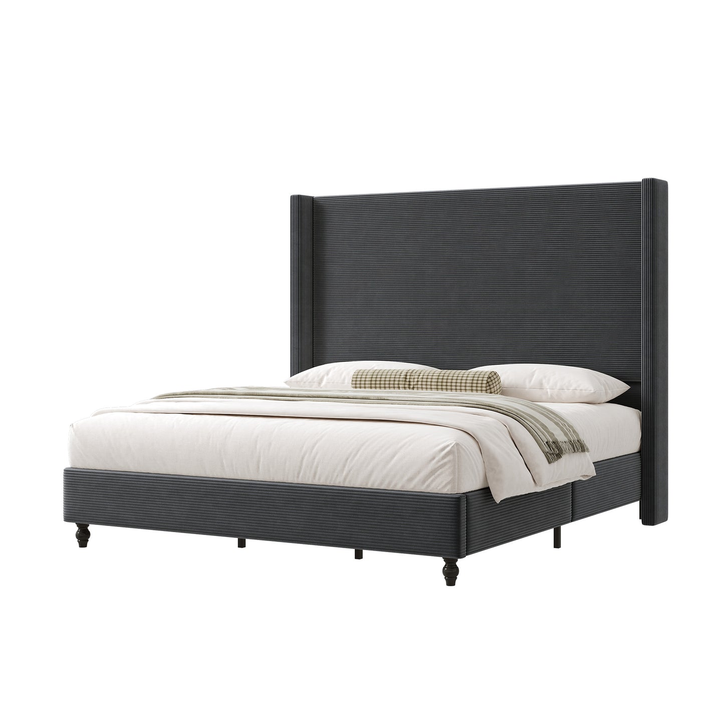 Cordelle Corduroy Wingback Bed Frame-CK-Dark Grey