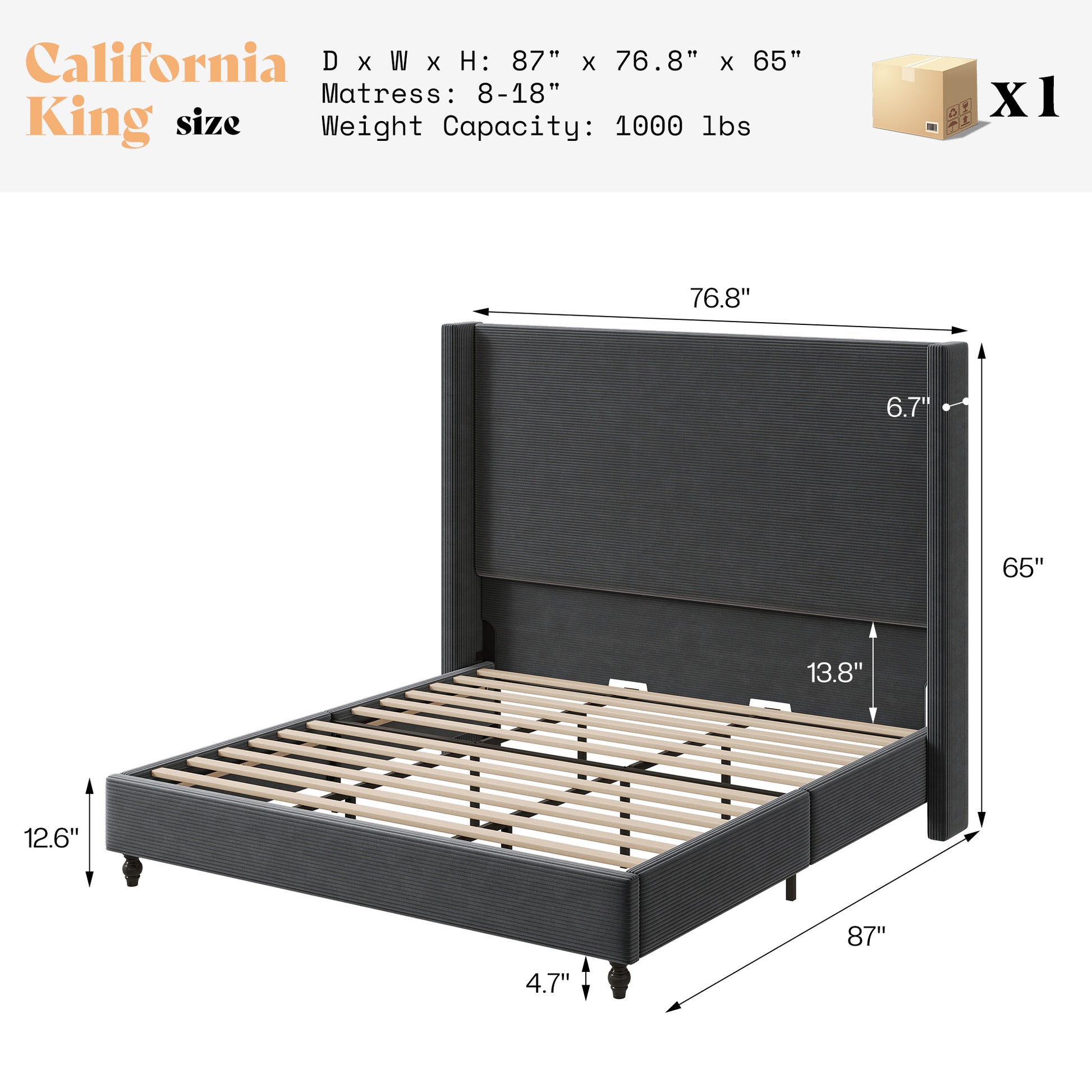 Cordelle Corduroy Wingback Bed Frame-CK-Dark Grey