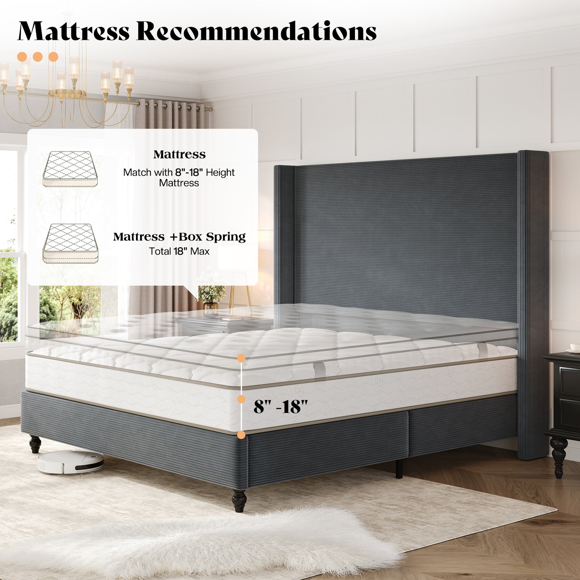Cordelle Corduroy Wingback Bed Frame-Q-Dark Grey