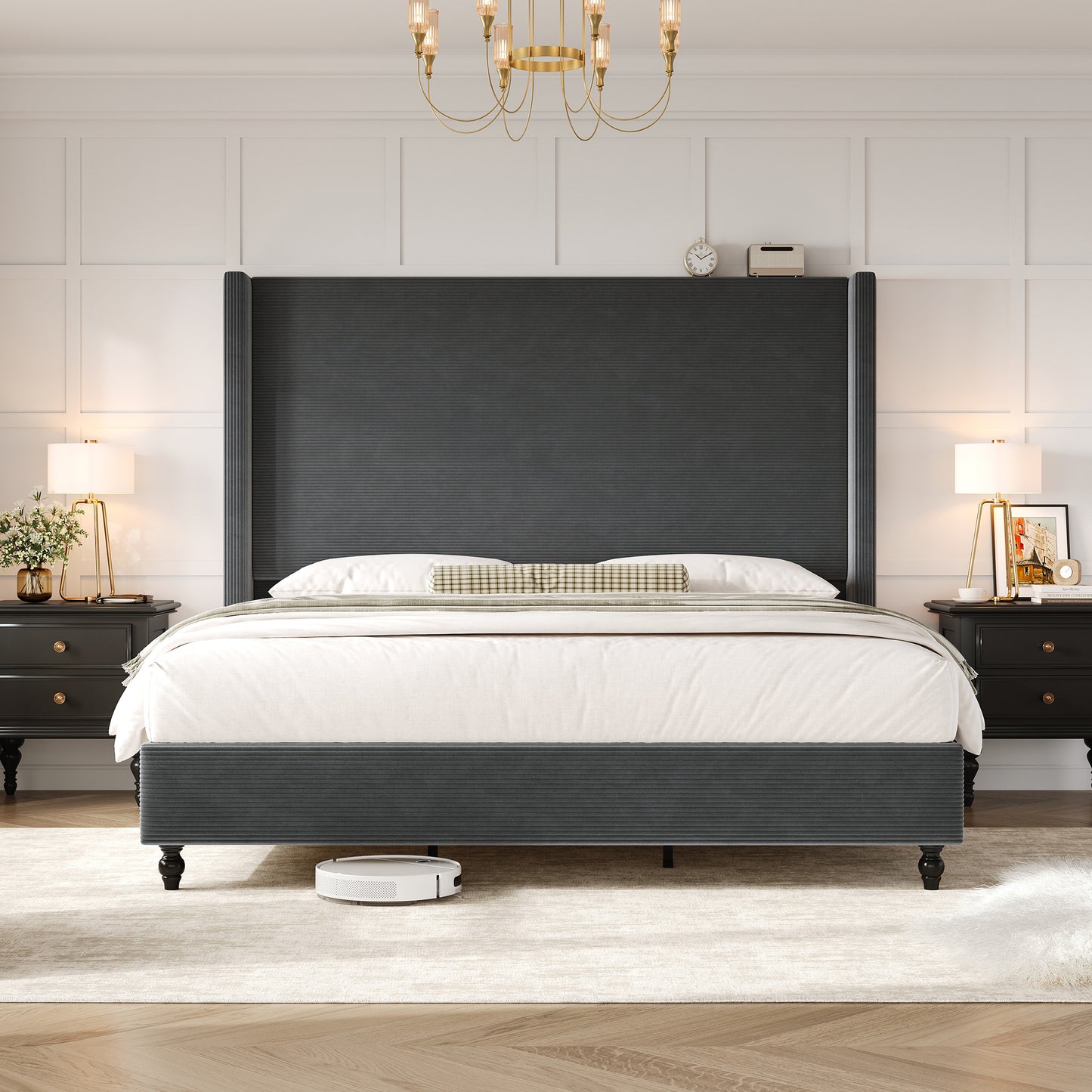 Cordelle Corduroy Wingback Bed Frame-Q-Dark Grey