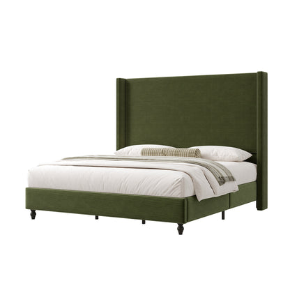 Cordelle Corduroy Wingback Bed Frame-Q-Green
