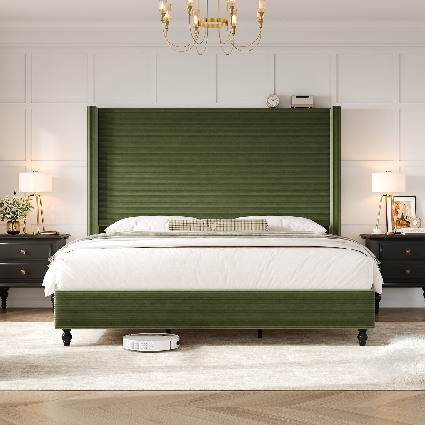 Cordelle Corduroy Wingback Bed Frame-Q-Green