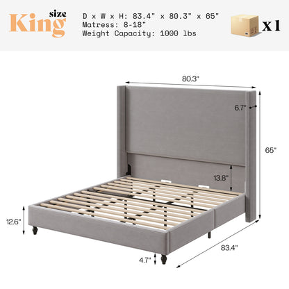Cordelle Corduroy Wingback Bed Frame-K-Light Grey