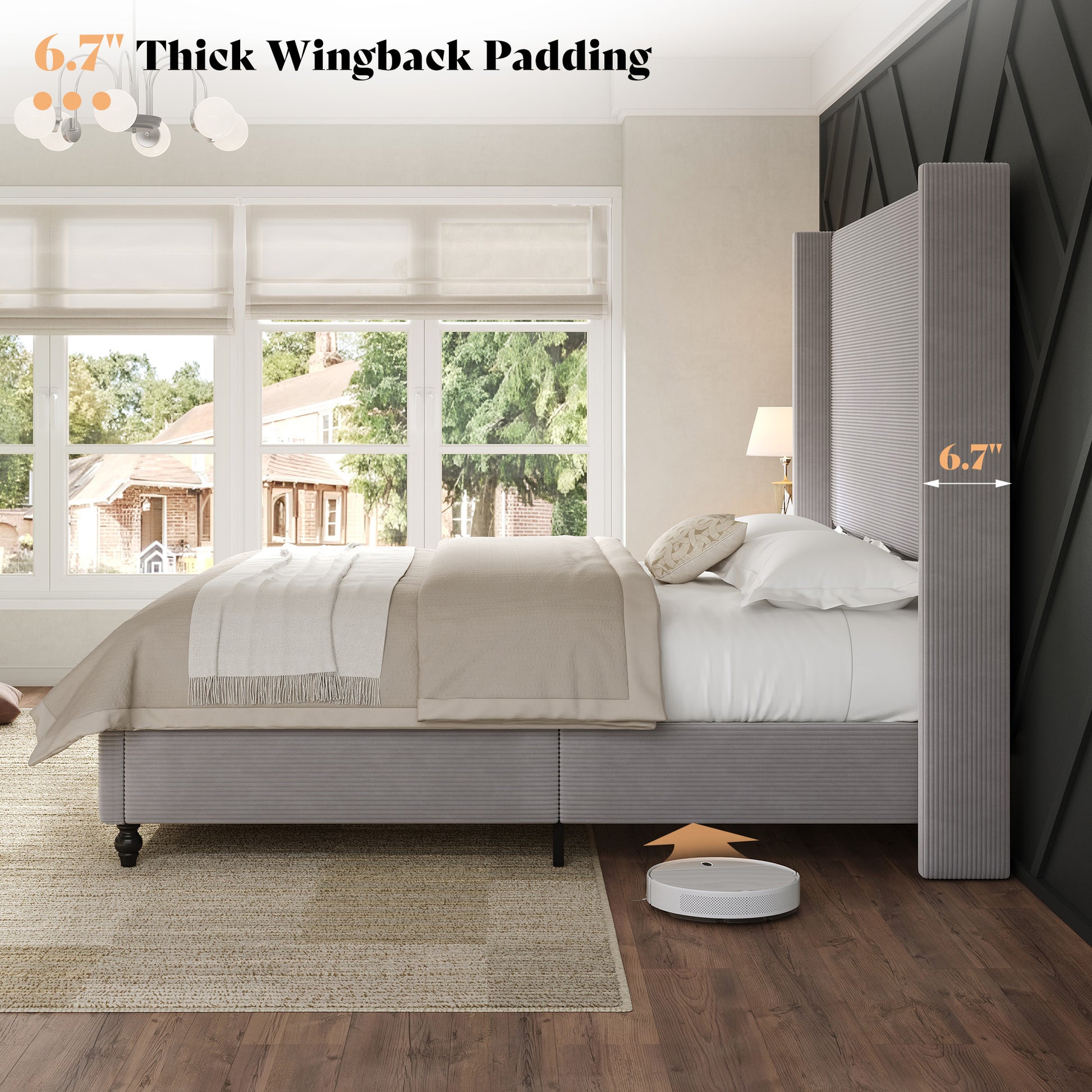 Cordelle Corduroy Wingback Bed Frame-K-Light Grey