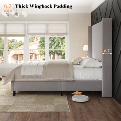 Cordelle Corduroy Wingback Bed Frame-K-Light Grey