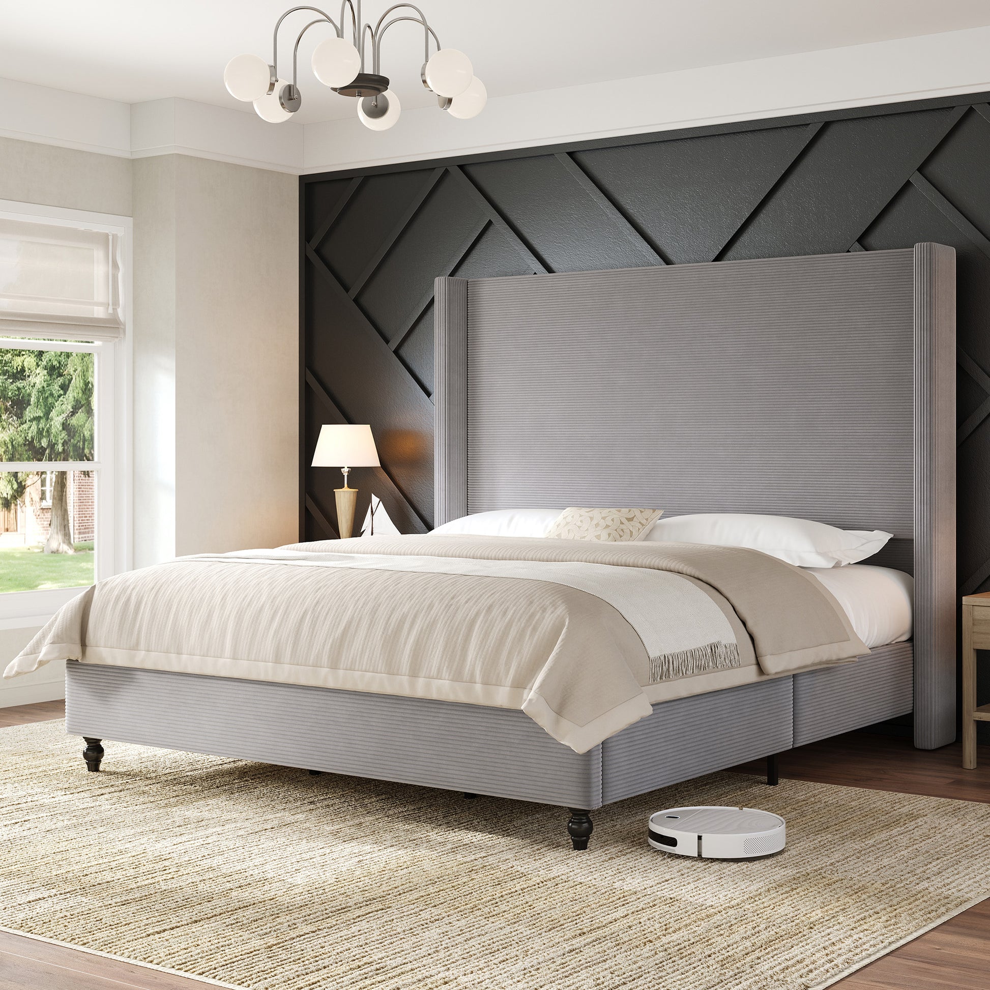 Cordelle Corduroy Wingback Bed Frame-Q-Light Grey