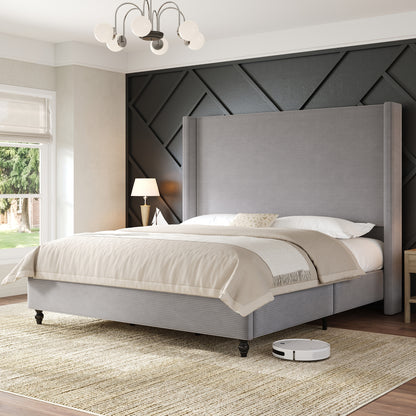 Cordelle Corduroy Wingback Bed Frame-Q-Light Grey