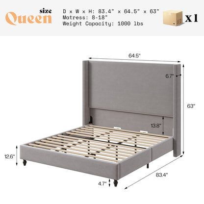 Cordelle Corduroy Wingback Bed Frame-Q-Light Grey