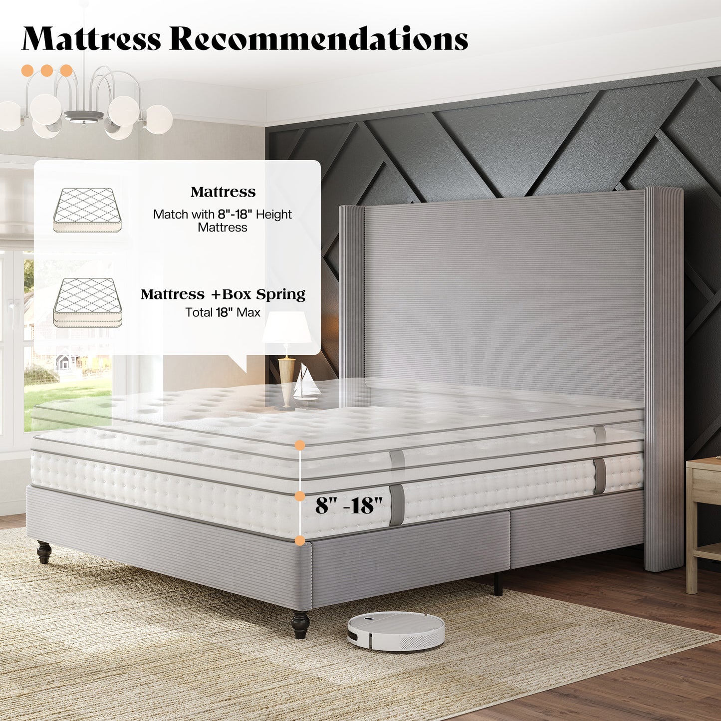 Cordelle Corduroy Wingback Bed Frame-Q-Light Grey