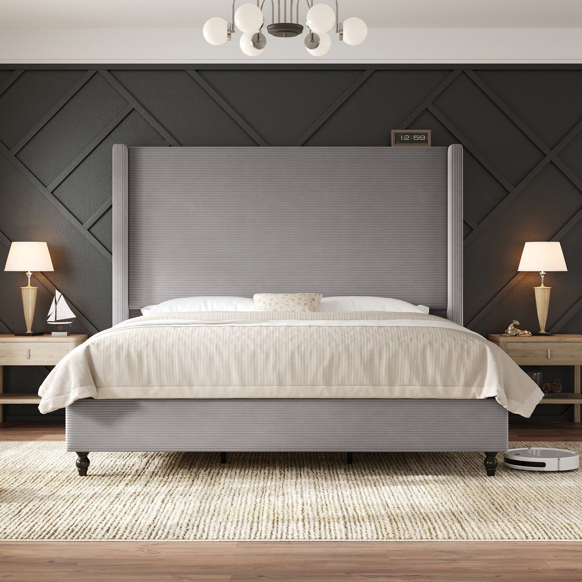 Cordelle Corduroy Wingback Bed Frame-Q-Light Grey