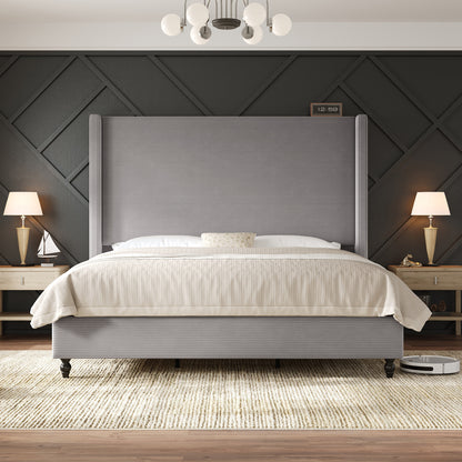 Cordelle Corduroy Wingback Bed Frame-Q-Light Grey