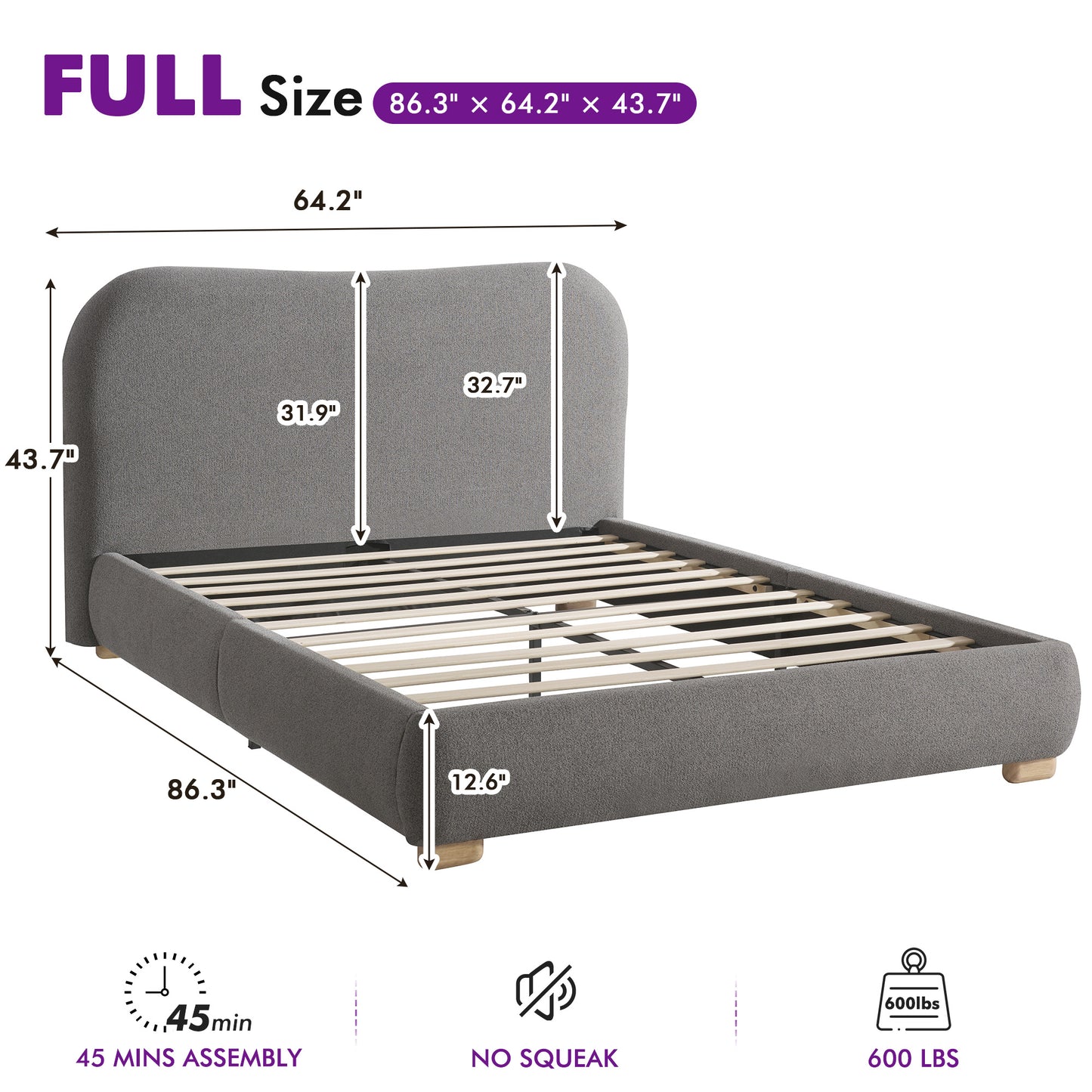 Slump Cloud Curved Upholstered Bed Frame - Dark Gray F Bed