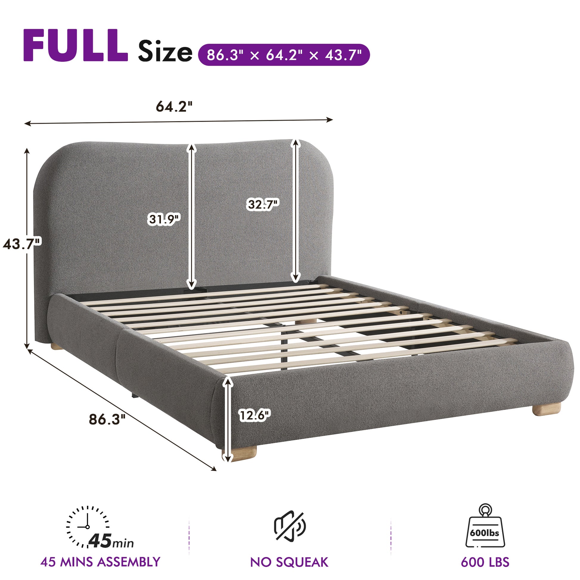 Slump Cloud Curved Upholstered Bed Frame Full Dark Gray