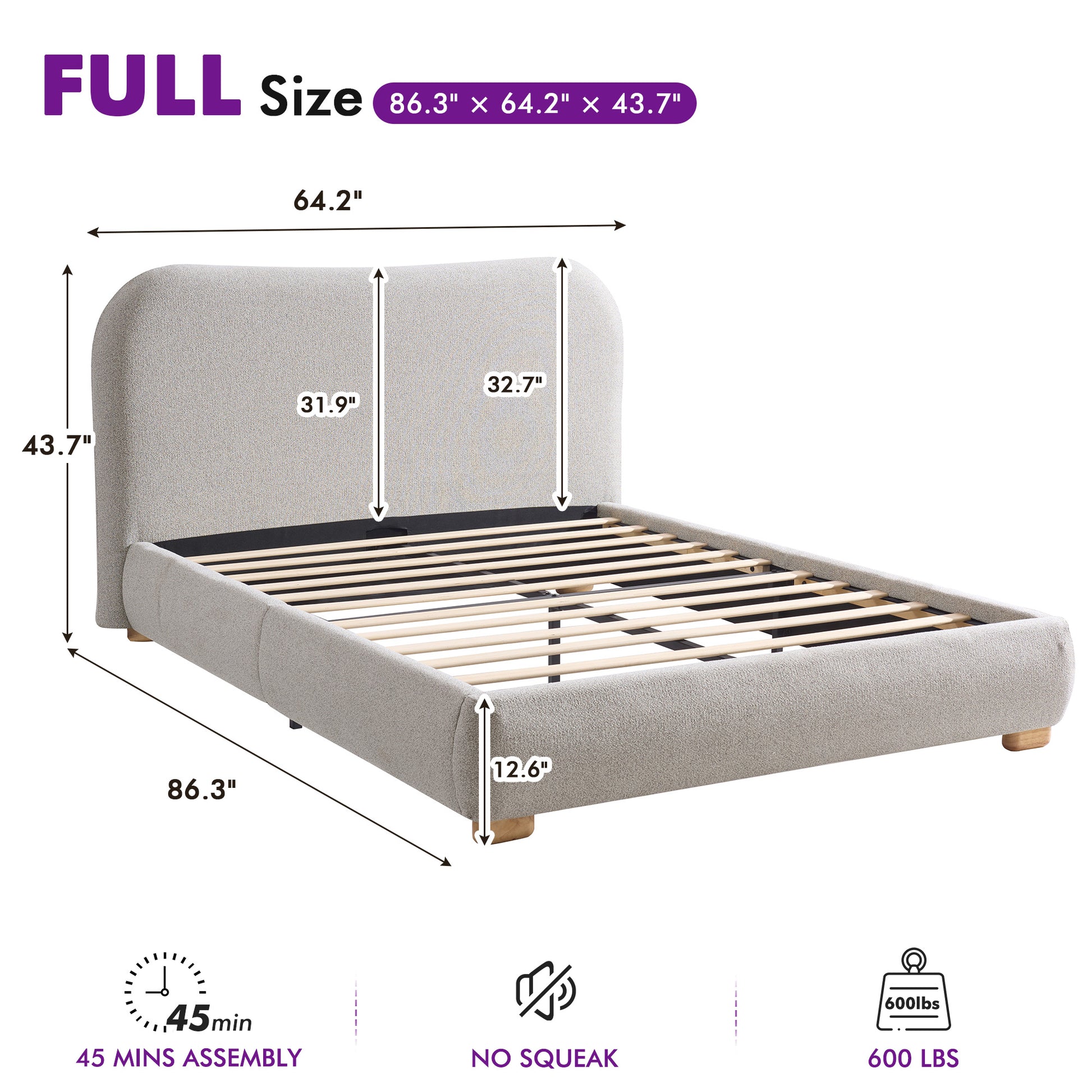 Slump Cloud Curved Upholstered Bed Frame - Light Gray F Bed