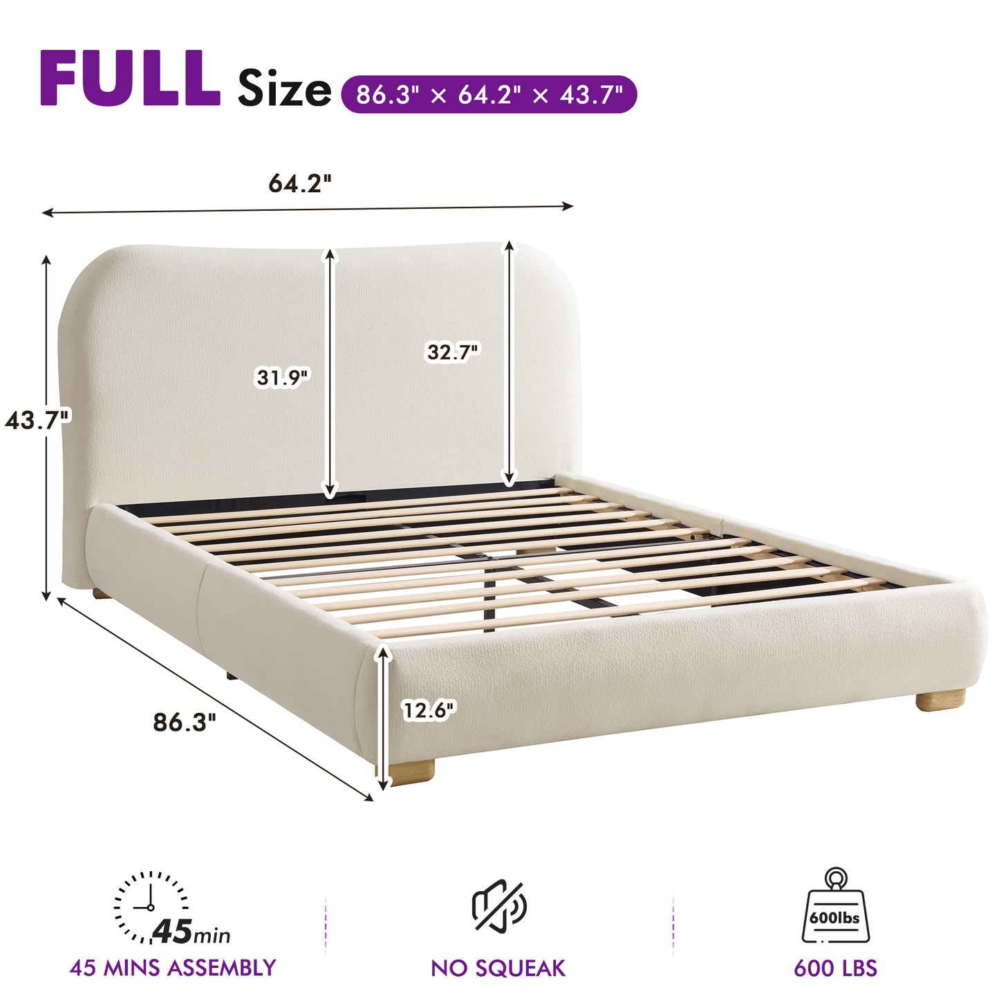 Slump Cloud Curved Upholstered Bed Frame - White F Bed