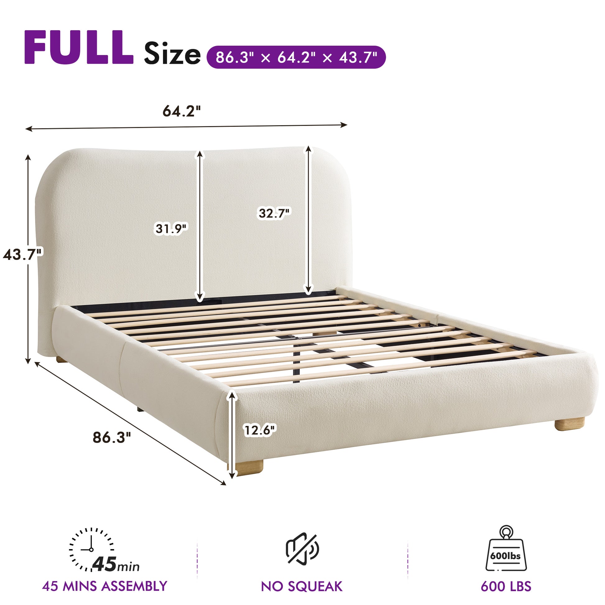 Slump Cloud Curved Upholstered Bed Frame - White F Bed