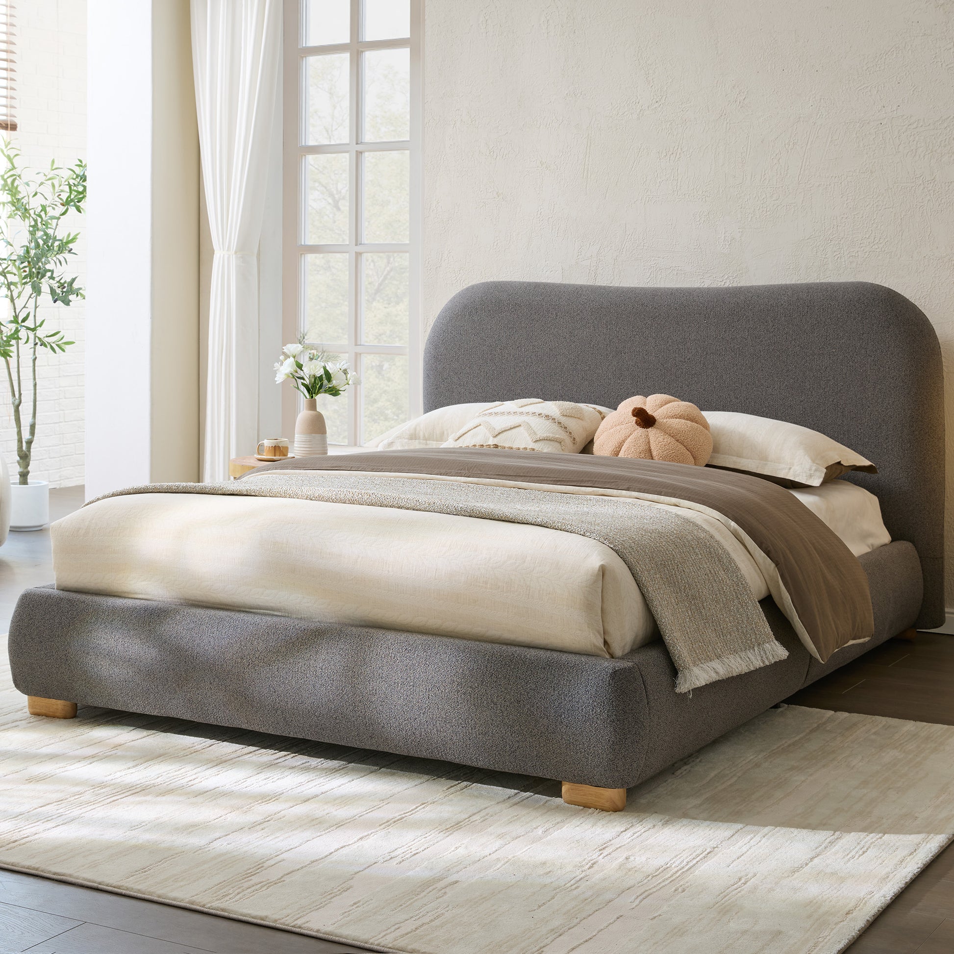 Slump Cloud Curved Upholstered Bed Frame - Dark Gray Q Bed