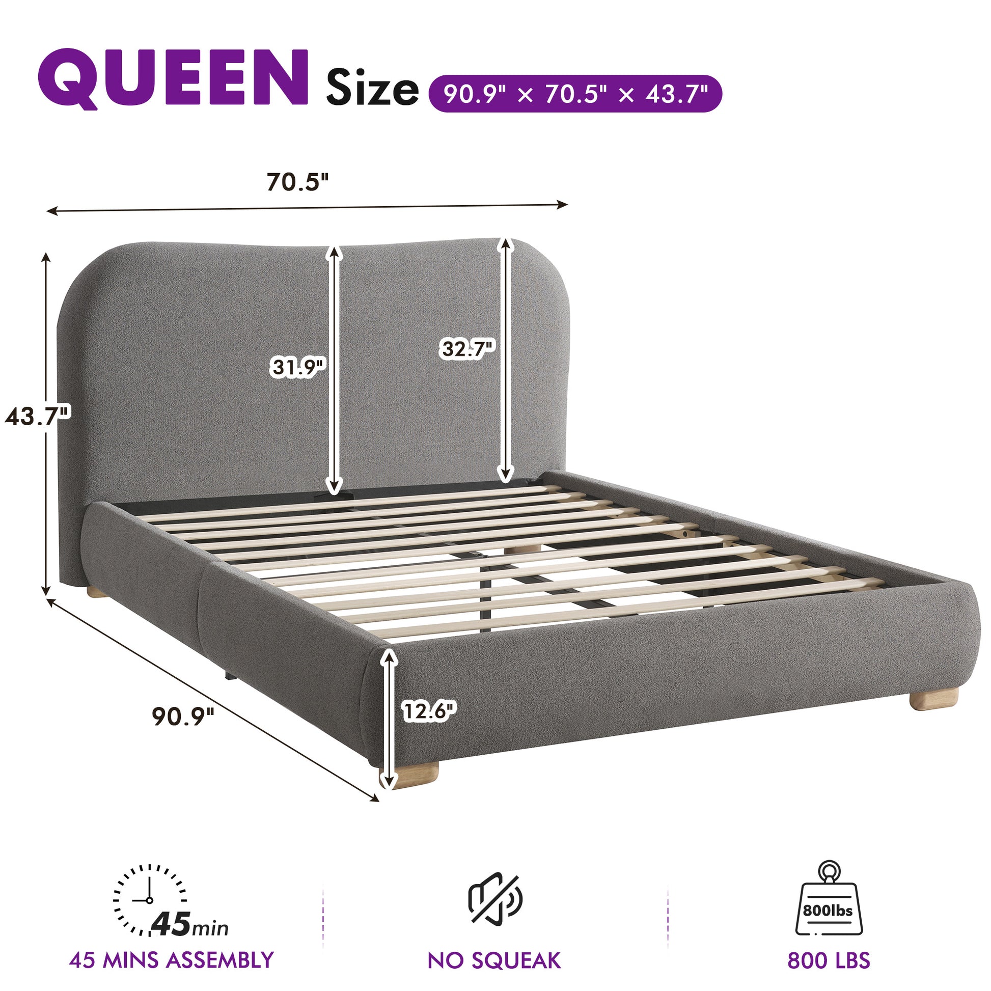 Slump Cloud Curved Upholstered Bed Frame - Dark Gray Q Bed