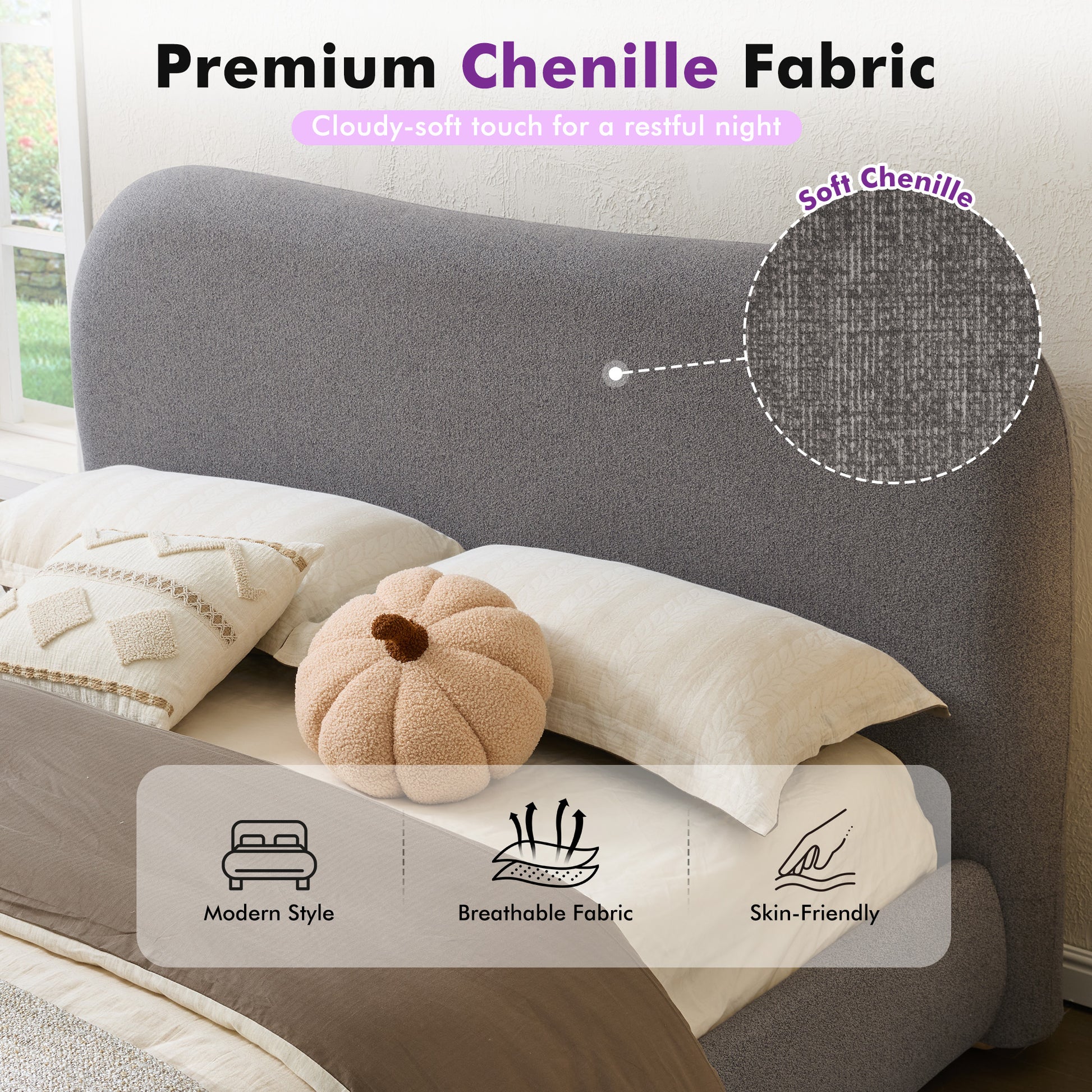 Slump Cloud Curved Upholstered Bed Frame - Dark Gray Q Bed