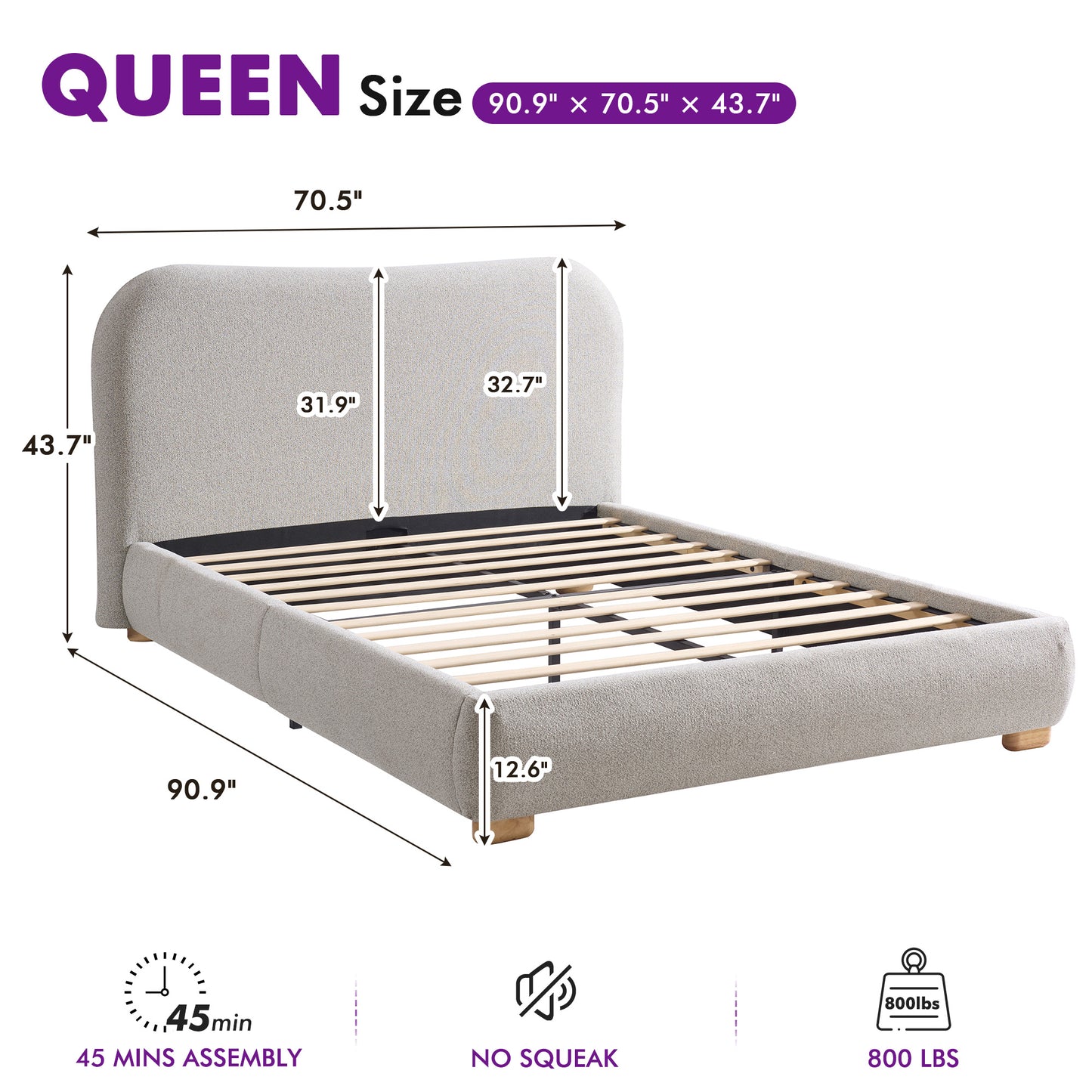 Slump Cloud Curved Upholstered Bed Frame - Light Gray Q Bed