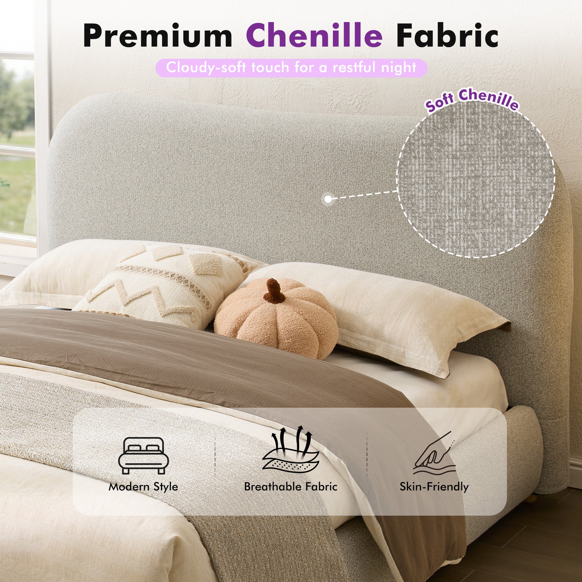 Slump Cloud Curved Upholstered Bed Frame Queen Light Gray