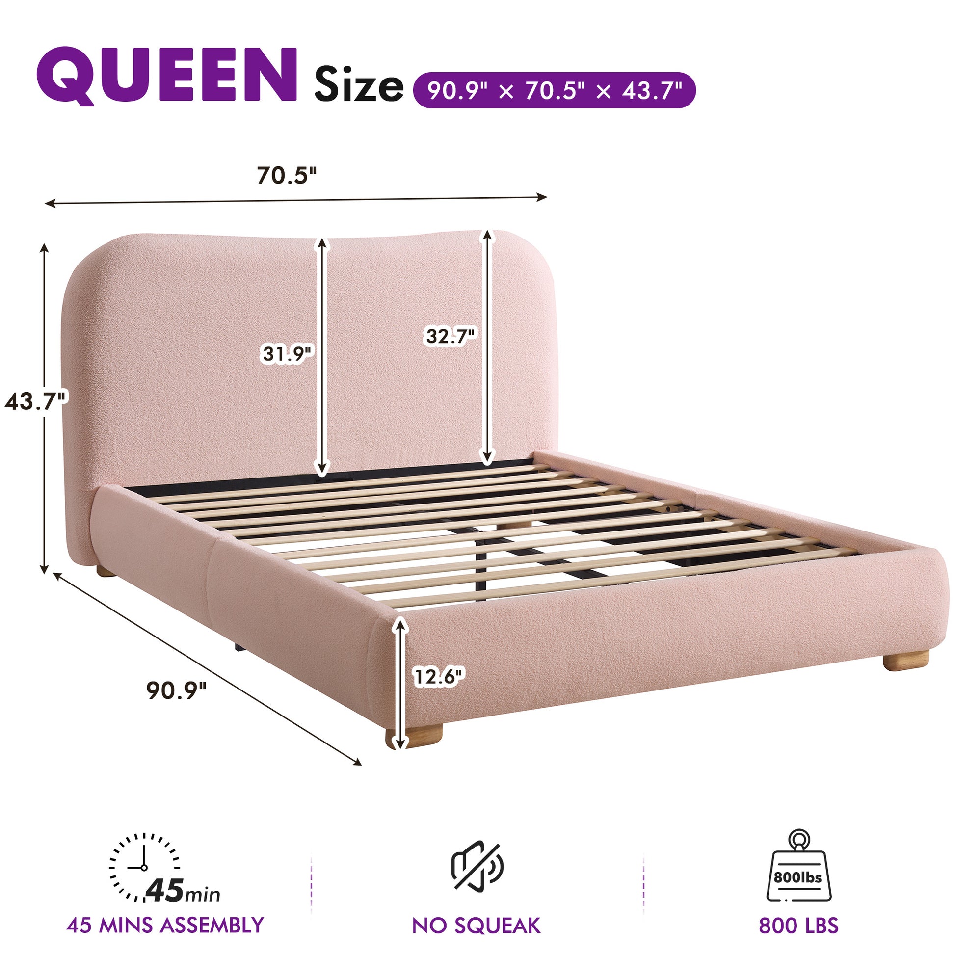 Slump Cloud Curved Upholstered Bed Frame - Pink Q Bed