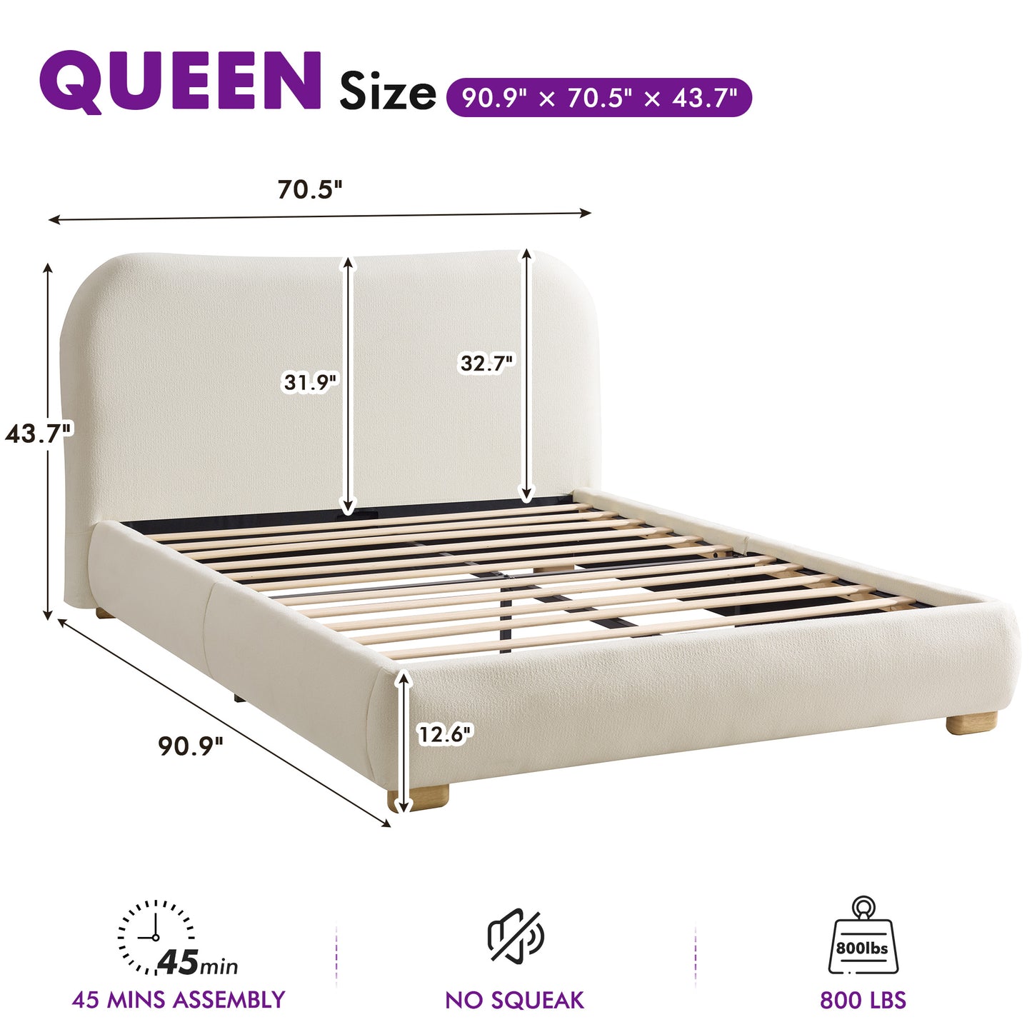Slump Cloud Curved Upholstered Bed Frame - White Q Bed