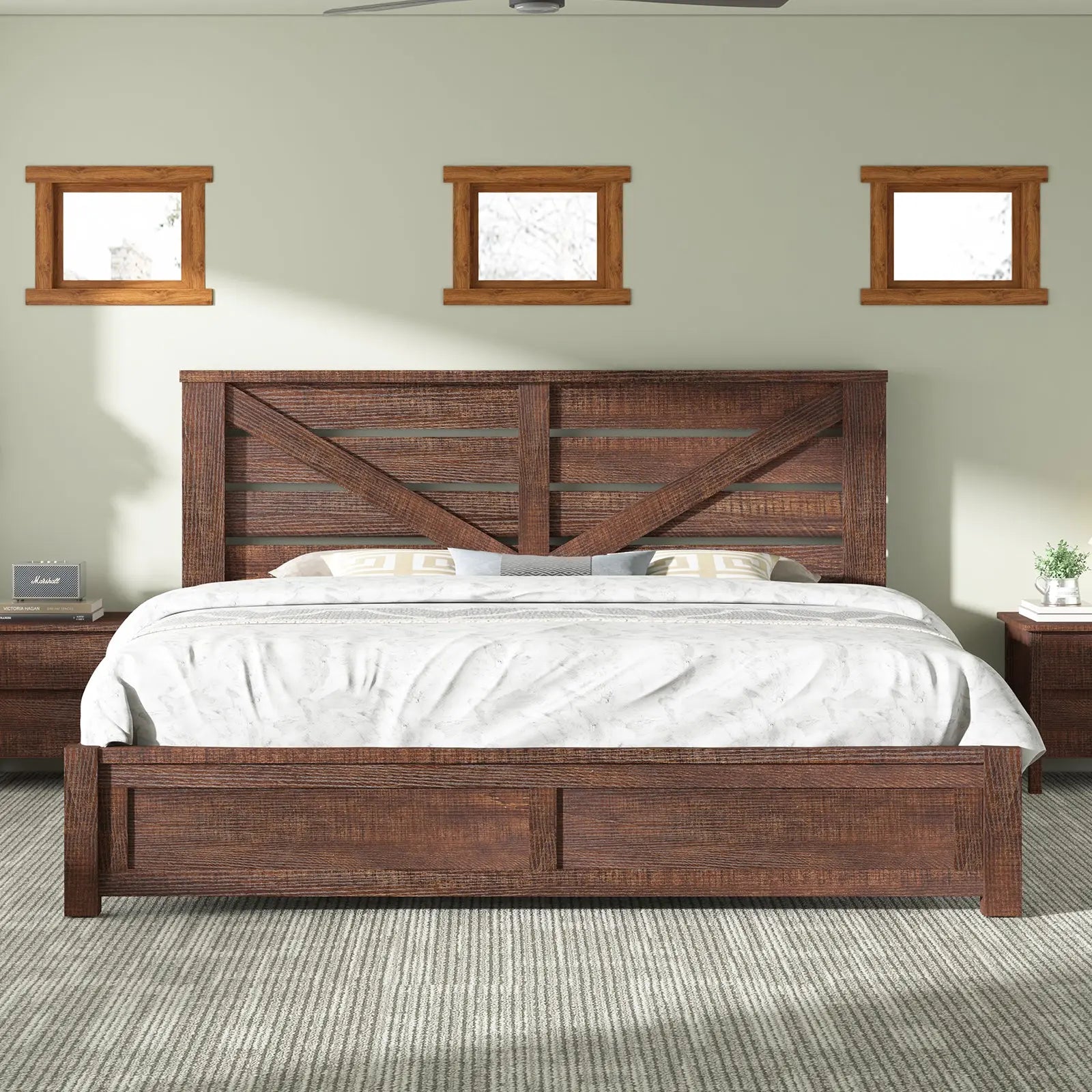 Bandera King Size Wooden Bed Frame Farmhouse 49.2 Barn Door Headboard Bed Frame Distressed White