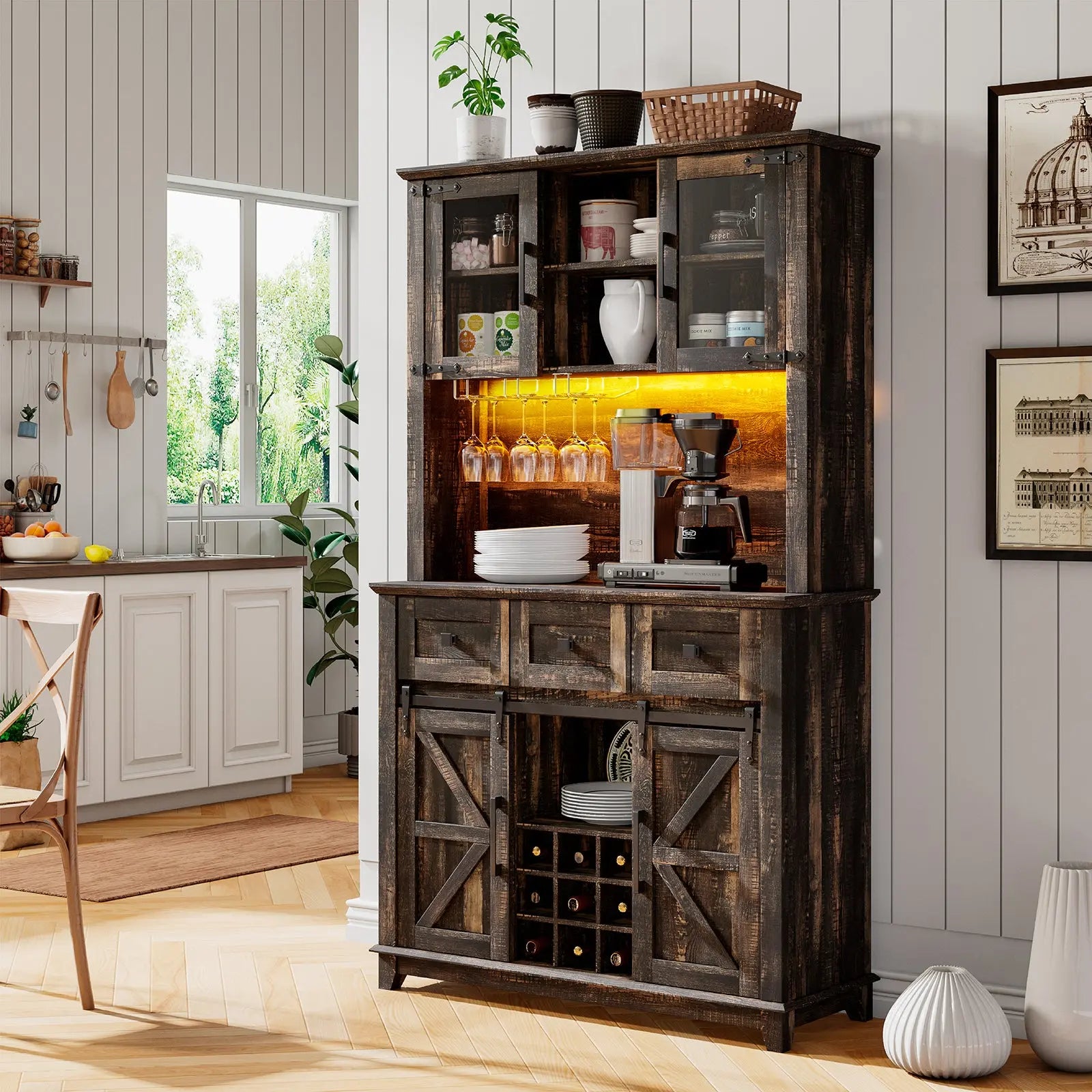 AMERLIFE Backbone Wine Cabinet Farmhouse 72 Sliding Barn Door Kitchen Sideboard Wine Glass Racks Brown