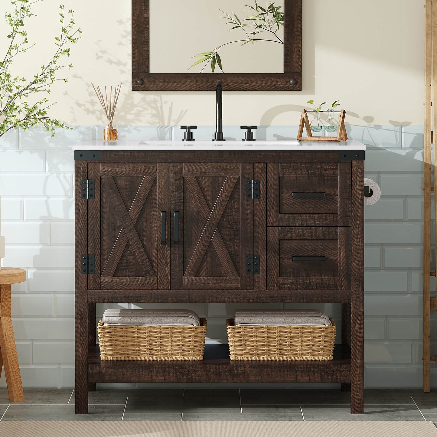 Calverton Farmhouse Vanity with Integrated Sink Amerlife Rustic Brown 36”