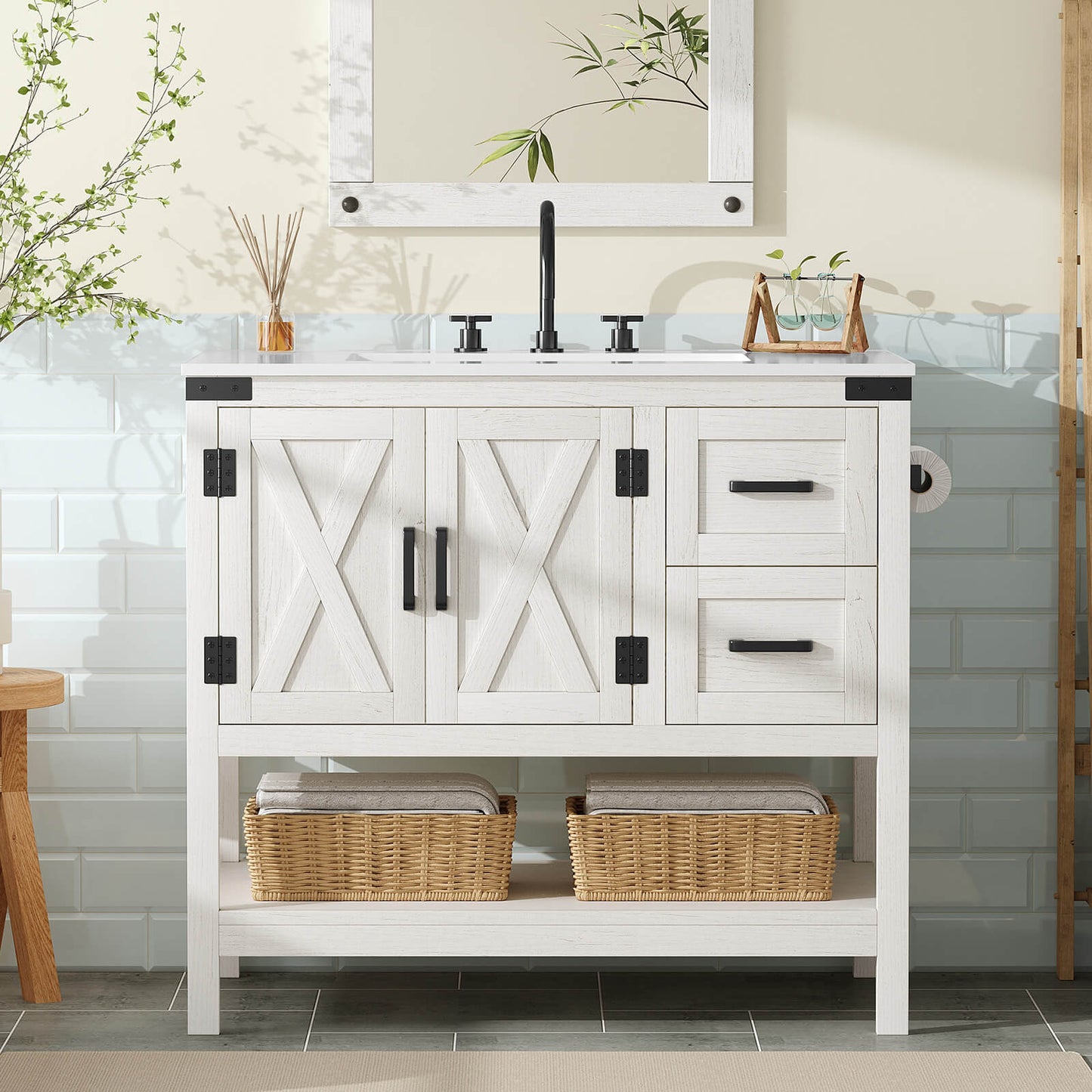Calverton Farmhouse Vanity with Integrated Sink Amerlife Antique White 36“