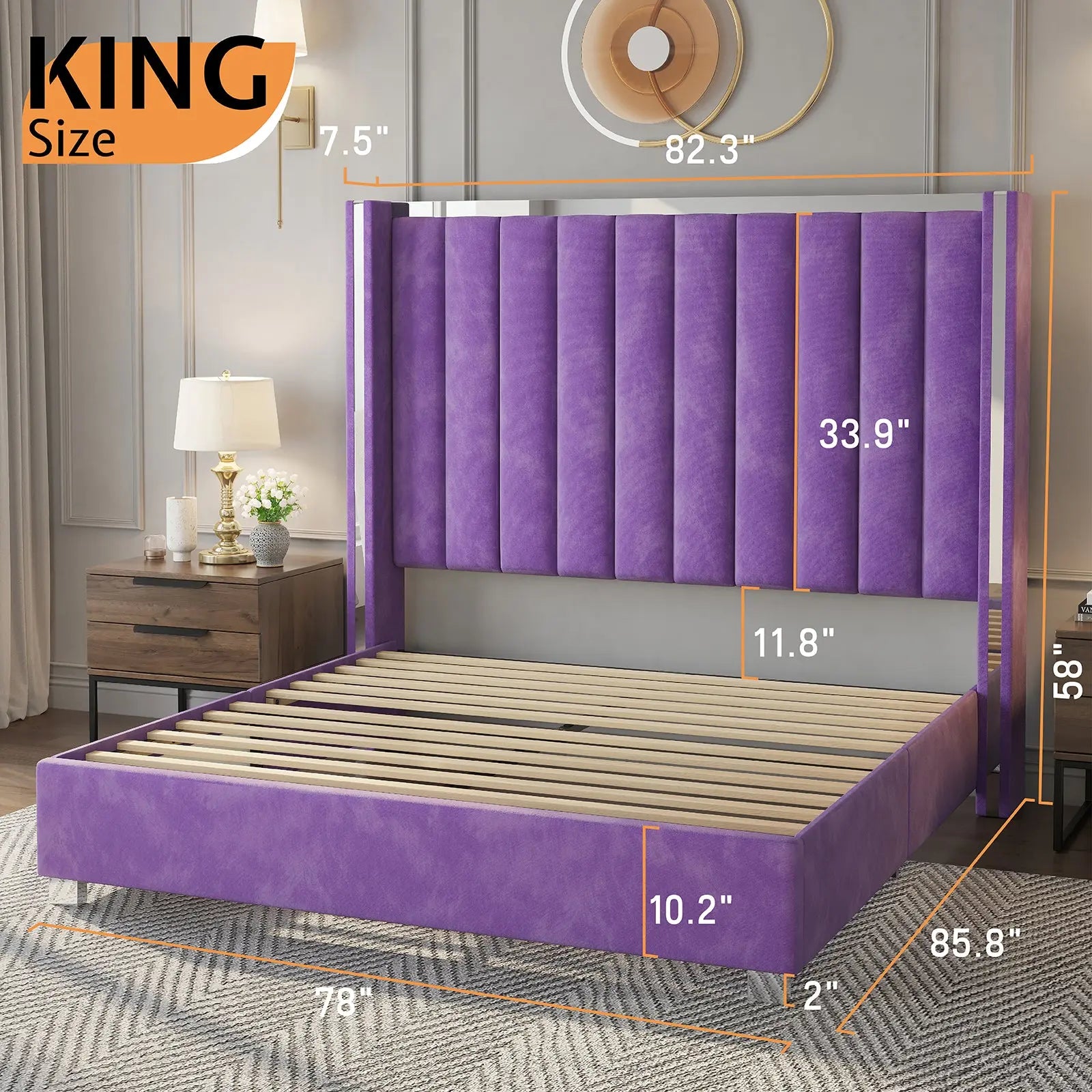 AMERLIFE Beaumont King Bed Frame with 58 Tall Headboard Velvet Upholstered Platform Black