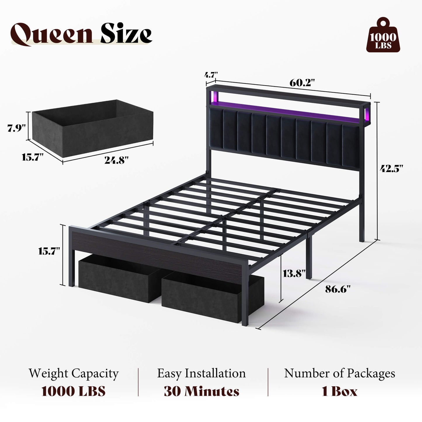 Veltrix LED Storage Velvet Bed Frame-Black