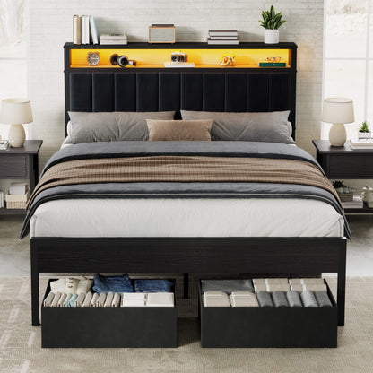 Veltrix LED Storage Velvet Bed Frame-Black