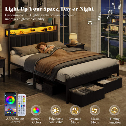 Veltrix LED Storage Velvet Bed Frame-Black