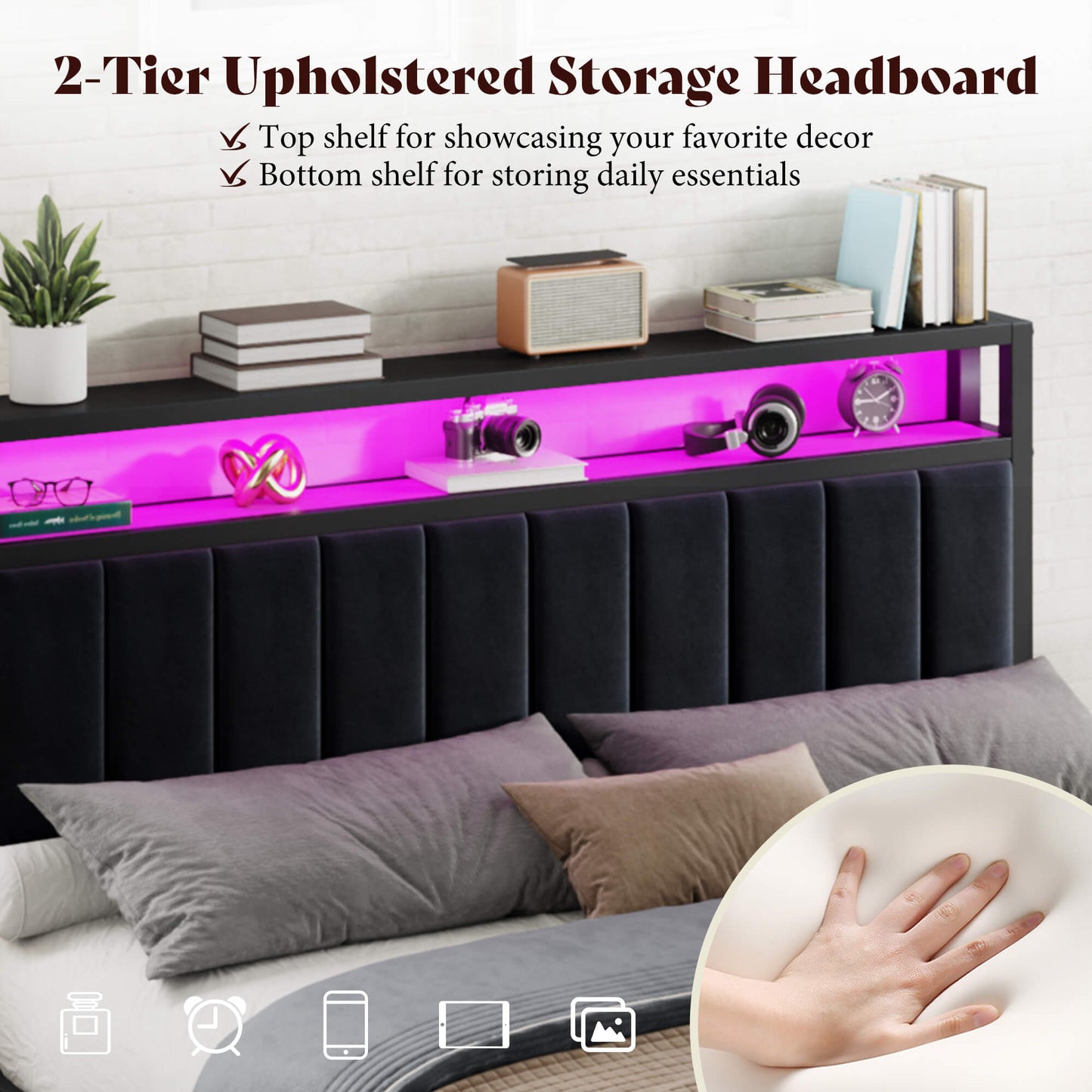 Veltrix LED Storage Velvet Bed Frame-Black