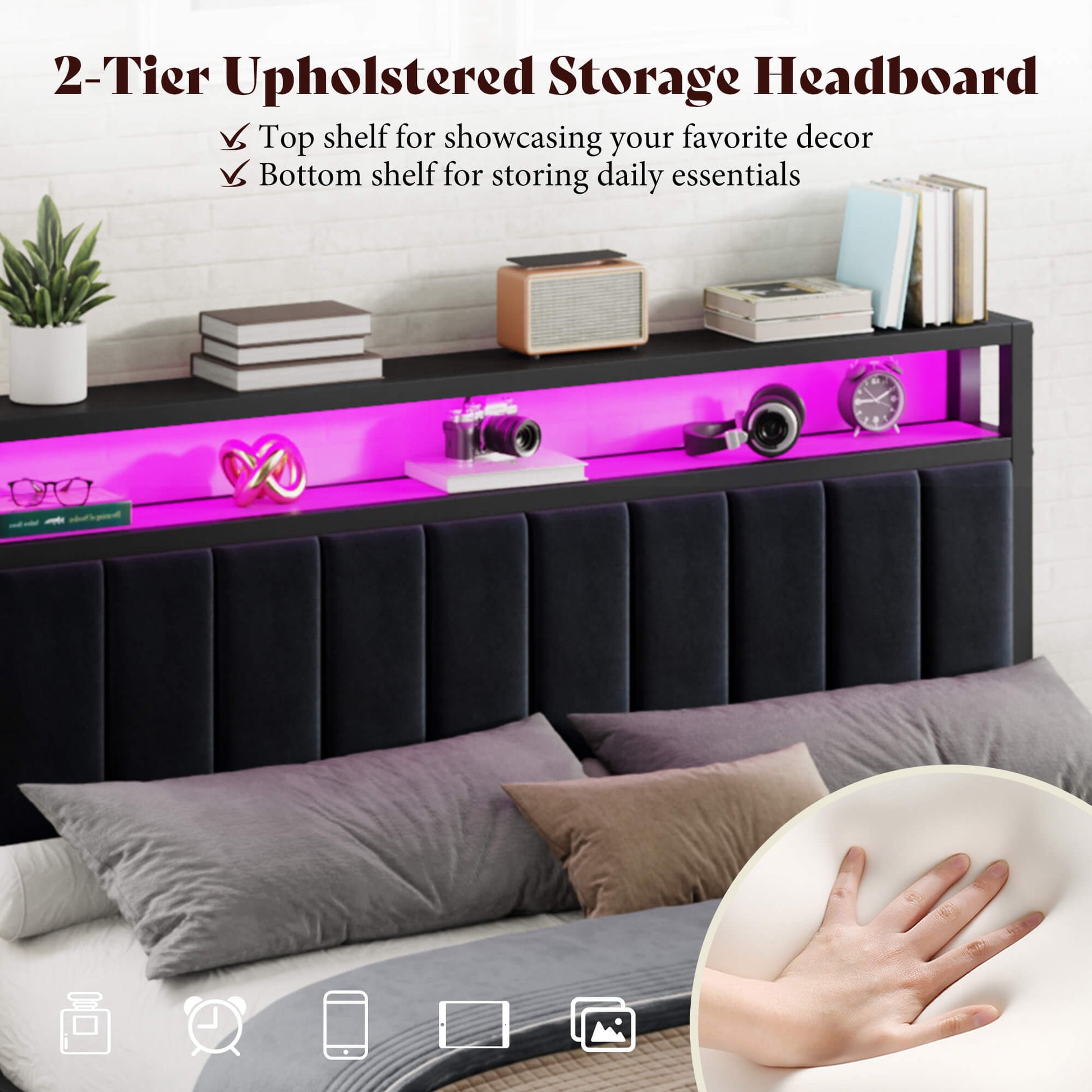 Veltrix LED Storage Velvet Bed Frame-Black